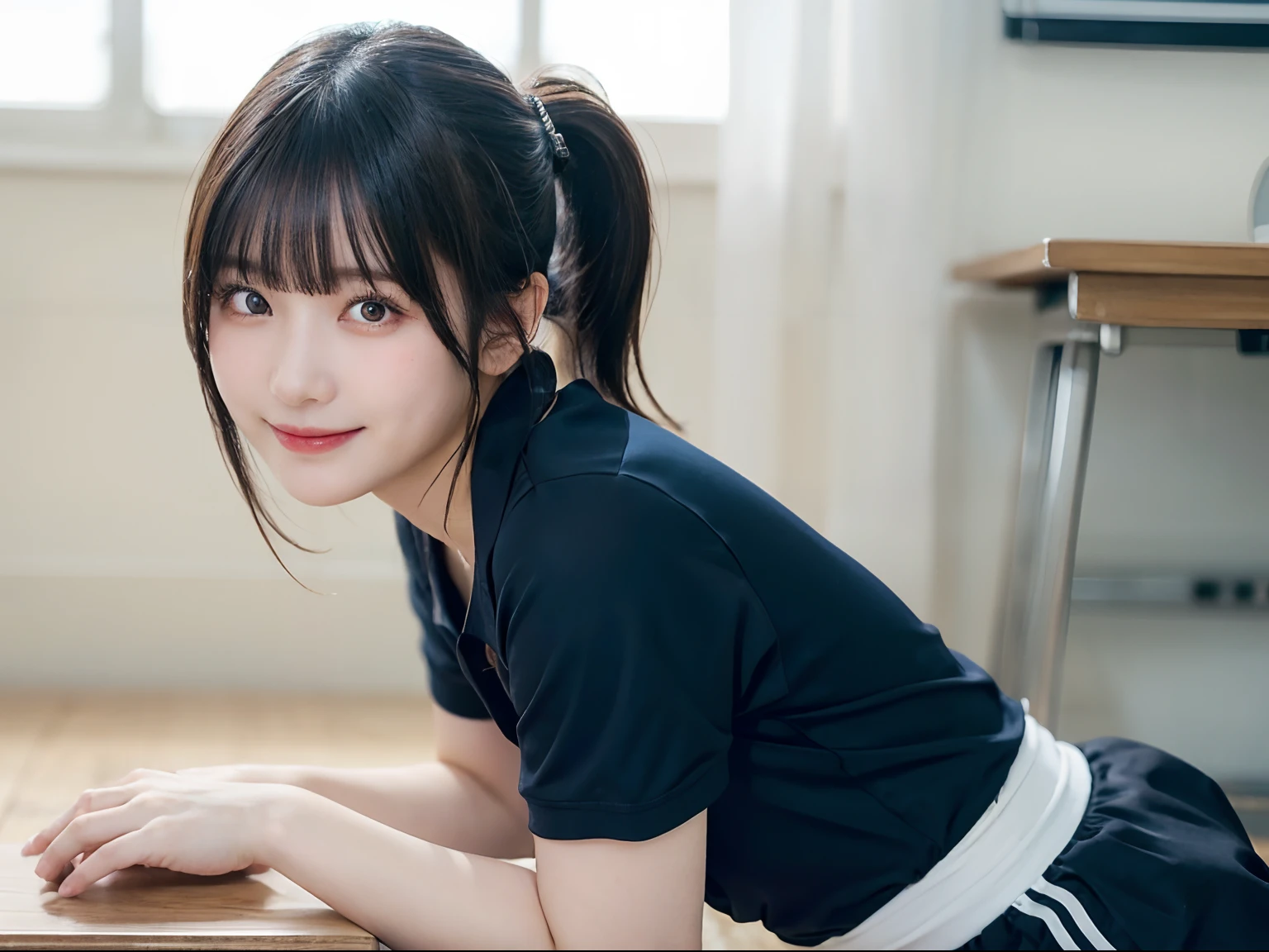 (top-quality,masterpiece:1.3,超A high resolution,),(ultra-detailliert,Caustics),(Photorealsitic:1.4,RAW shooting,),(Ultra-realistic capture、A highly detailed、High resolution 16K human skin close-up。 Skin texture is natural),girl with,(stretch),(Open leg forward bend),(School gymnastics shirt:1.1),(navy bloomers:1.1),japanes,17 age,A dark-haired,Short ponytail,a smile,小柄,Plump,huge tit,Big ass,Gymnasium,front-facing view,Low position,Fulll body Shot,Gaze,