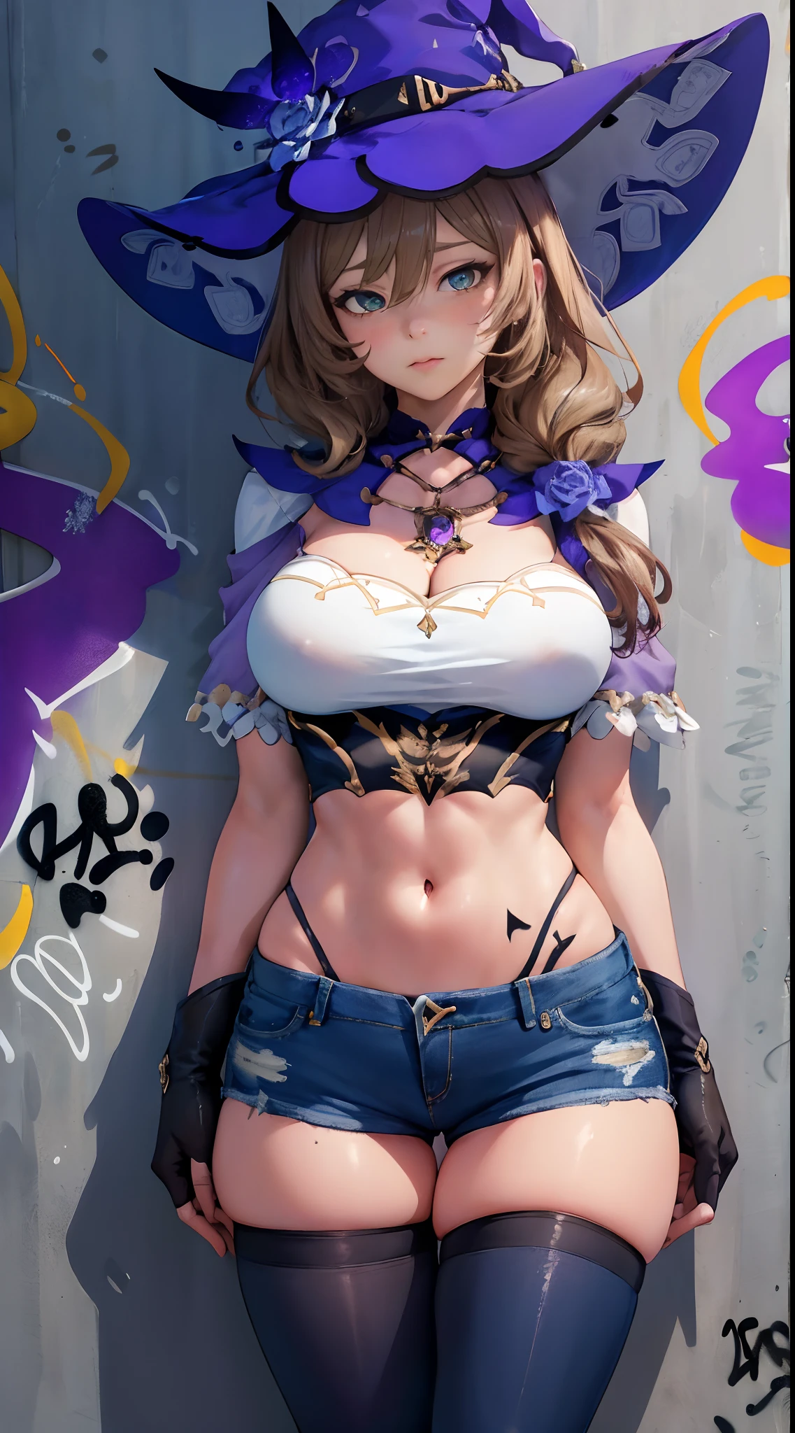 Lisa|genshin impact, master-piece, bestquality, 1girls,25 years old, shorts jeans, oversized breasts, ,bara, crop top, shorts jeans, choker, (Graffiti:1.5), Splash with purple lightning pattern., arm behind back, against wall, View viewers from the front., Thigh strap, Head tilt, bored, water eyes,