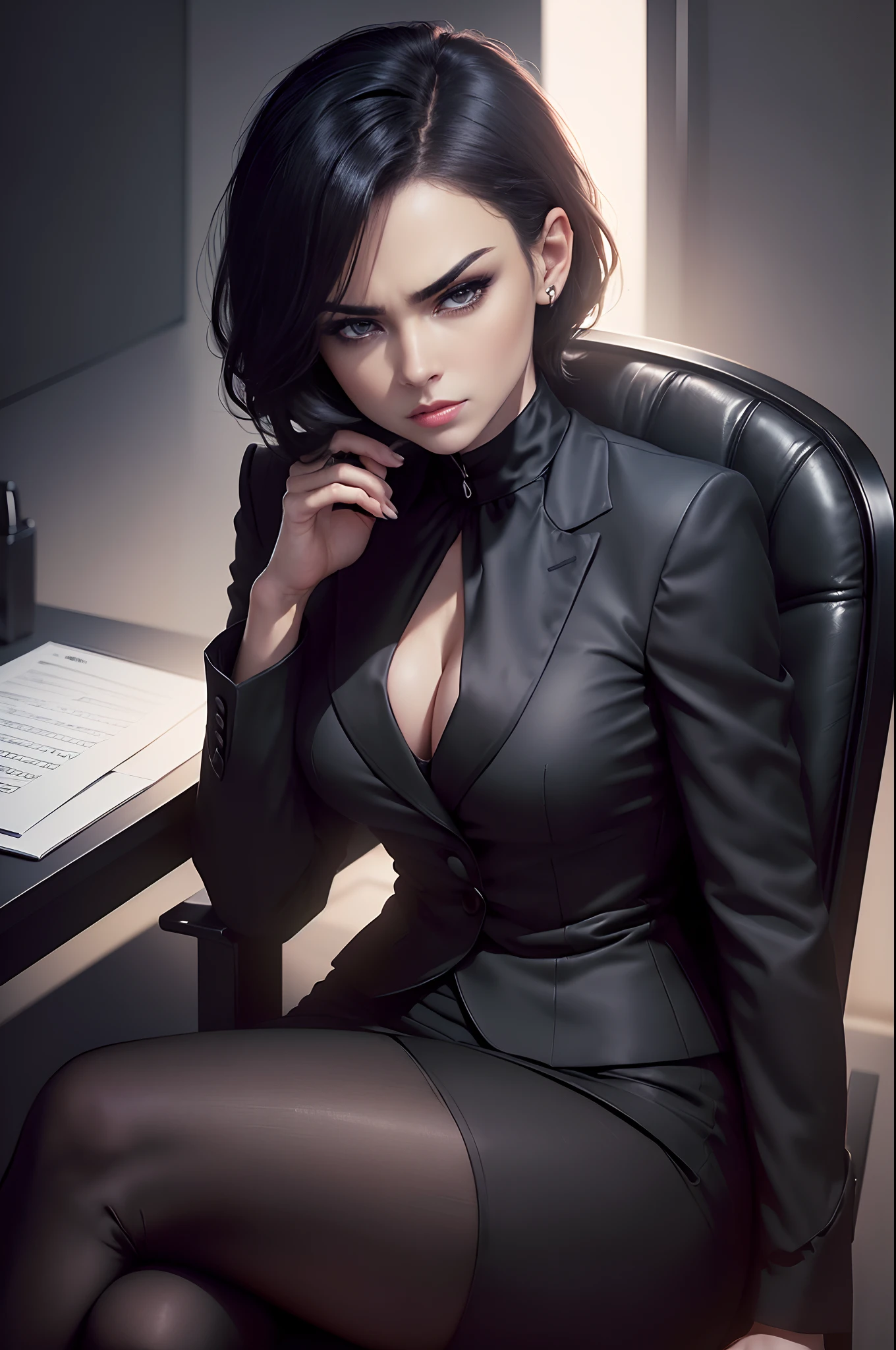 ((half)CEO woman sitting on chair in RAW photo office, wearing black suit, (Use dark attractive eyes) Movie Scene, (impeccable) ,Serious elegant woman with thick female eyebrows, Agent 007 Girl Style, (Mysterious serious face,) Dark short hair, Dark black background image, elegant and elegant, (High-quality, realistic images), (Best Quality, 8K, masutepiece).