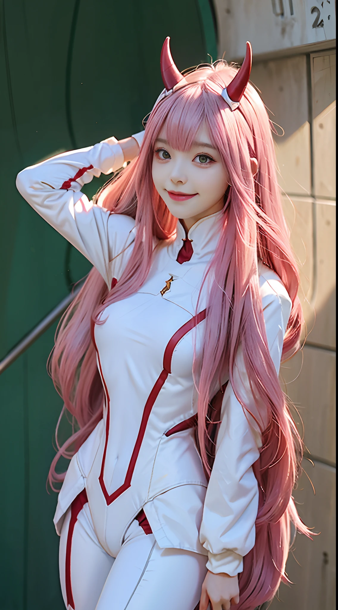 Zerotwo \(darling on franxx\), darling on franxx, 1girll, rim, self-shot, Smiling, Biting, black shadows, Green eyes, hair behind head, Horns, Long hair, Makeup, Small breasts, pilotsuit, White bodysuit, Pink hair, Red eyeshadow, Science fiction, taut skin, Solo