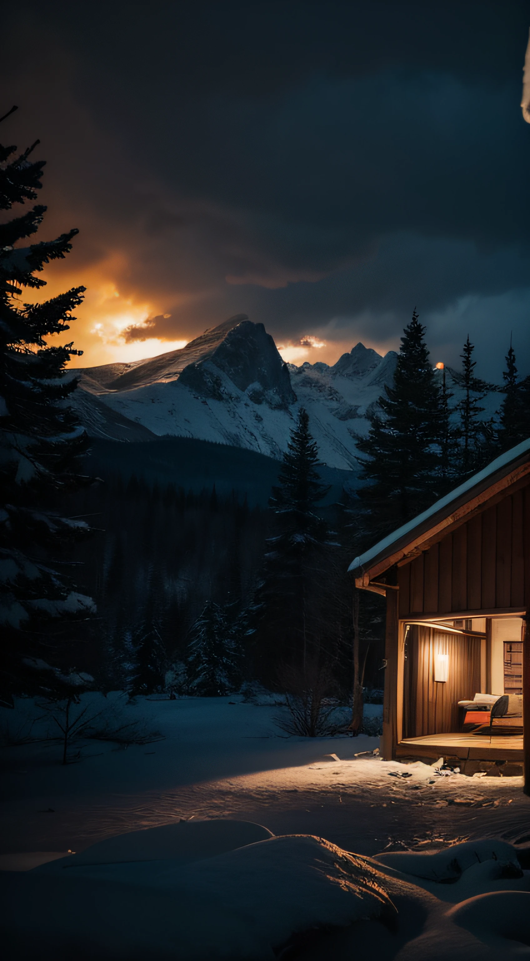 forest, hut, firefly, atmospheric olive lighting, mountains with snow in the background, pond reflecting in front, 8k UHD, dark vibrations, hyper detailed and vibrant colors, epic composition, octane rendering, sharp focus, high-resolution isometric