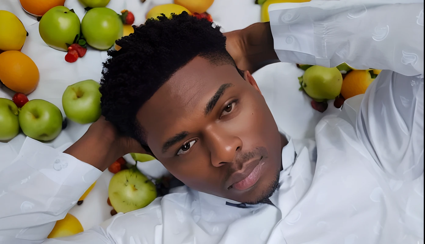 there is a young man laying on a bed of fruit, trending photo, album art, obunga, trending artstayion, an album cover, smooth in _ the background, george pemba, photo shoot, official product photo, by Milton Menasco, mixed art, trending artwork, edward buba, amusing, caspar david, alternate album cover, illustrative!!