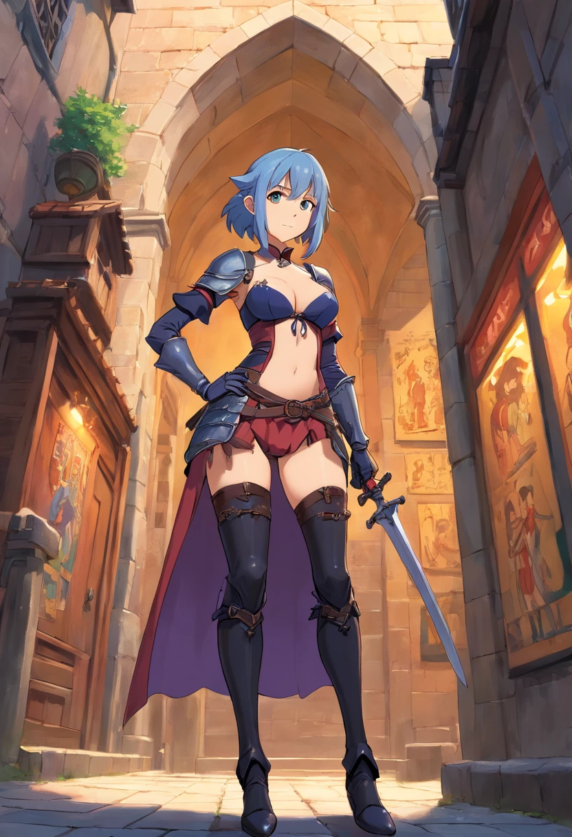 ((masterpiece, best quality)), 1girl, ((mature female)), (medium breasts), ((dark elf)), cleavage, curvy, thick thighs, fantasy, wide hips, thin waist, midriff, thigh strap, ((sword tied at waist)), beautiful detailed gothic black corset, thigh boots, adventurer, wearing armour, standing, against wall, in the medieval architecture streets