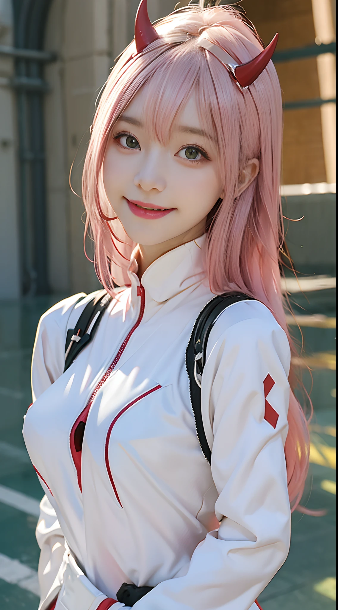 Zerotwo \(darling on franxx\), darling on franxx, 1girll, rim, self-shot, Smiling, Biting, black shadows, Green eyes, hair behind head, Horns, Long hair, Makeup, Small breasts, pilotsuit, White bodysuit, Pink hair, Red eyeshadow, Science fiction, taut skin, Solo