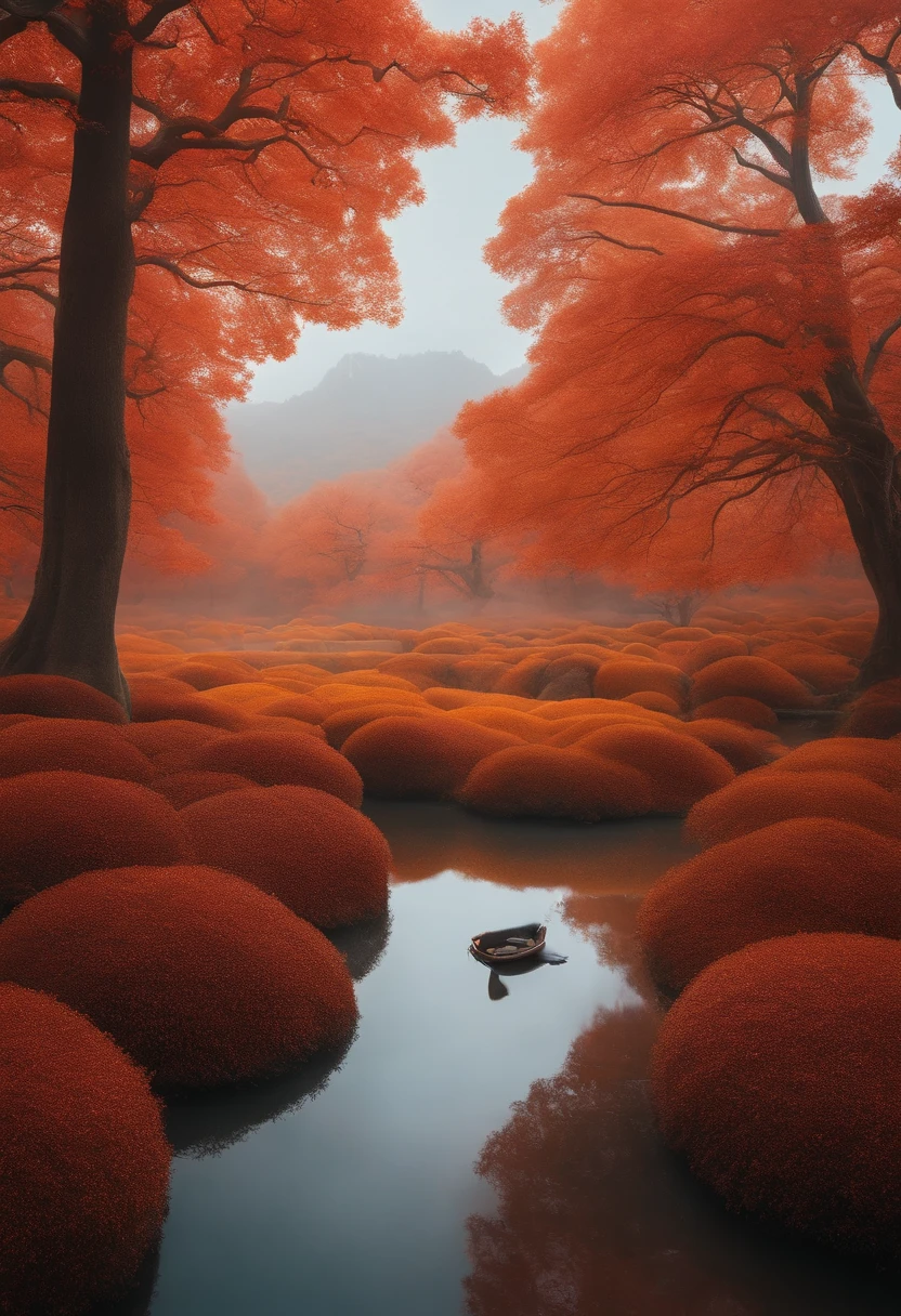 in a vast serene landscape, author：Scarlett Hooft Glavland, in a serene landscape, Sergey Zabelin, By Fei Danxu, photographed, hyper realisitc, autumnal, chinese surrealism, Hyper-realistic、Ink painting style that incorporates Chinese aesthetics。