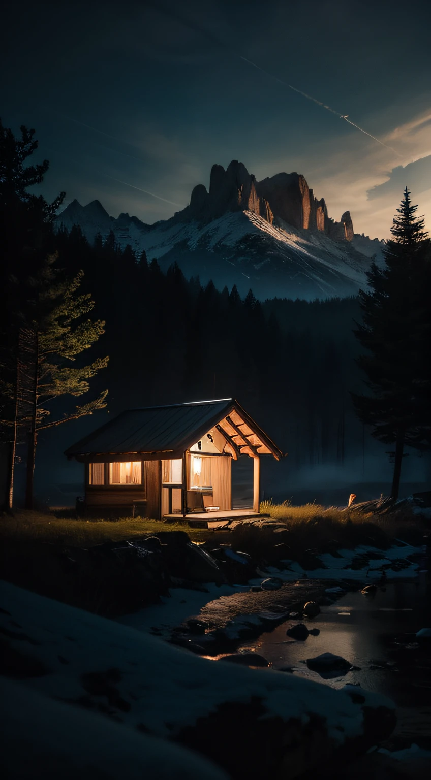 forest, hut, firefly, atmospheric olive lighting, mountains with snow in the background, pond reflecting in front, 8k UHD, dark vibrations, hyper detailed and vibrant colors, epic composition, octane rendering, sharp focus, high-resolution isometric