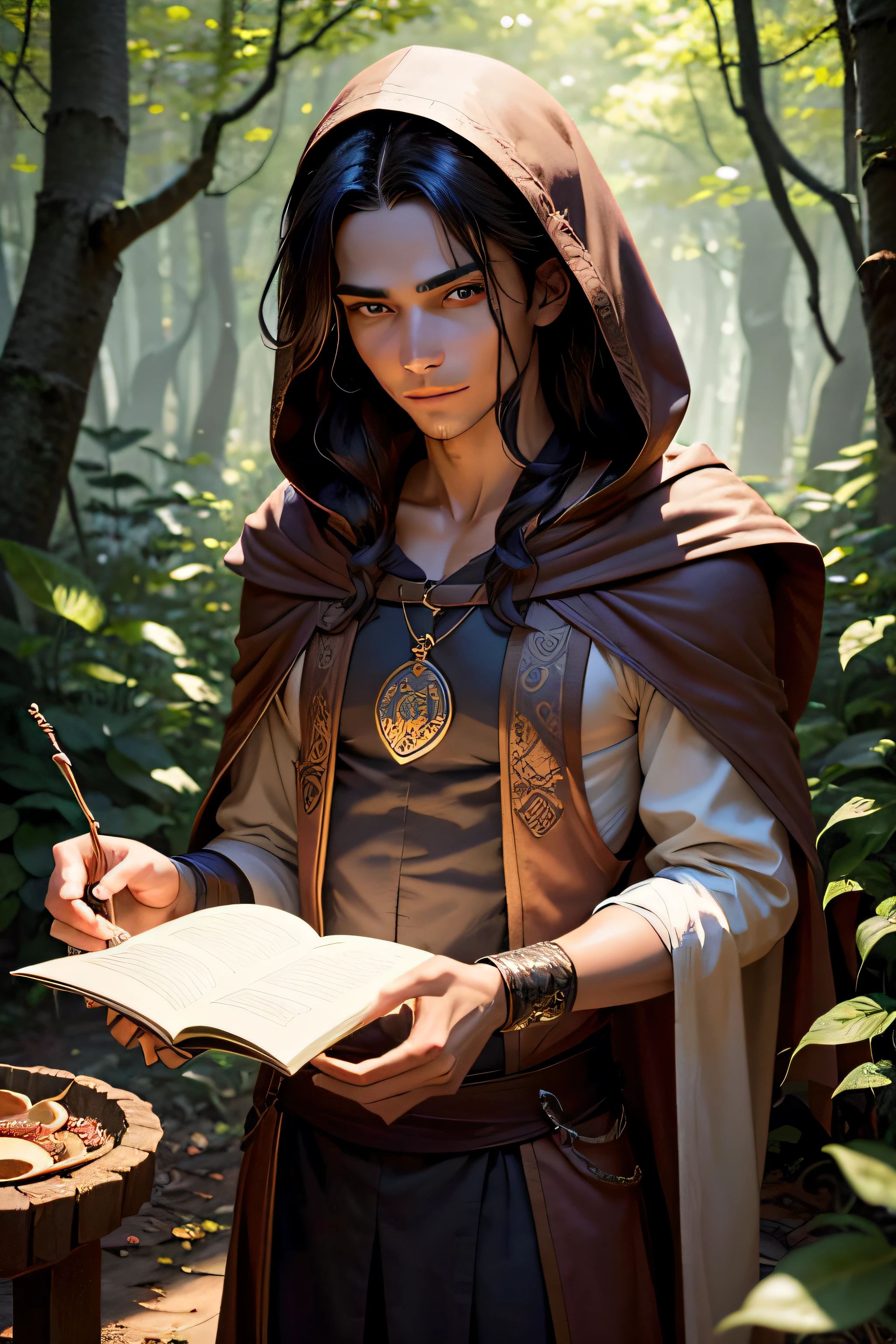 Young slim male magician, tanned skin, long dark brown hair opened. Wearing a dark tunic, flat on the shoulders lies the hood of the tunic. Intriguedly smiling, the magician prepares a mysterious potion made from herbs, leafs, mushrooms and other ingredients from the forest. The magician is aware that what he is preparing will be a magic potion for eternal youth, and the excitement about the potion is thoroughly obvious. It happens in the middle of a harmonious, magical forest glade, near oak trees.