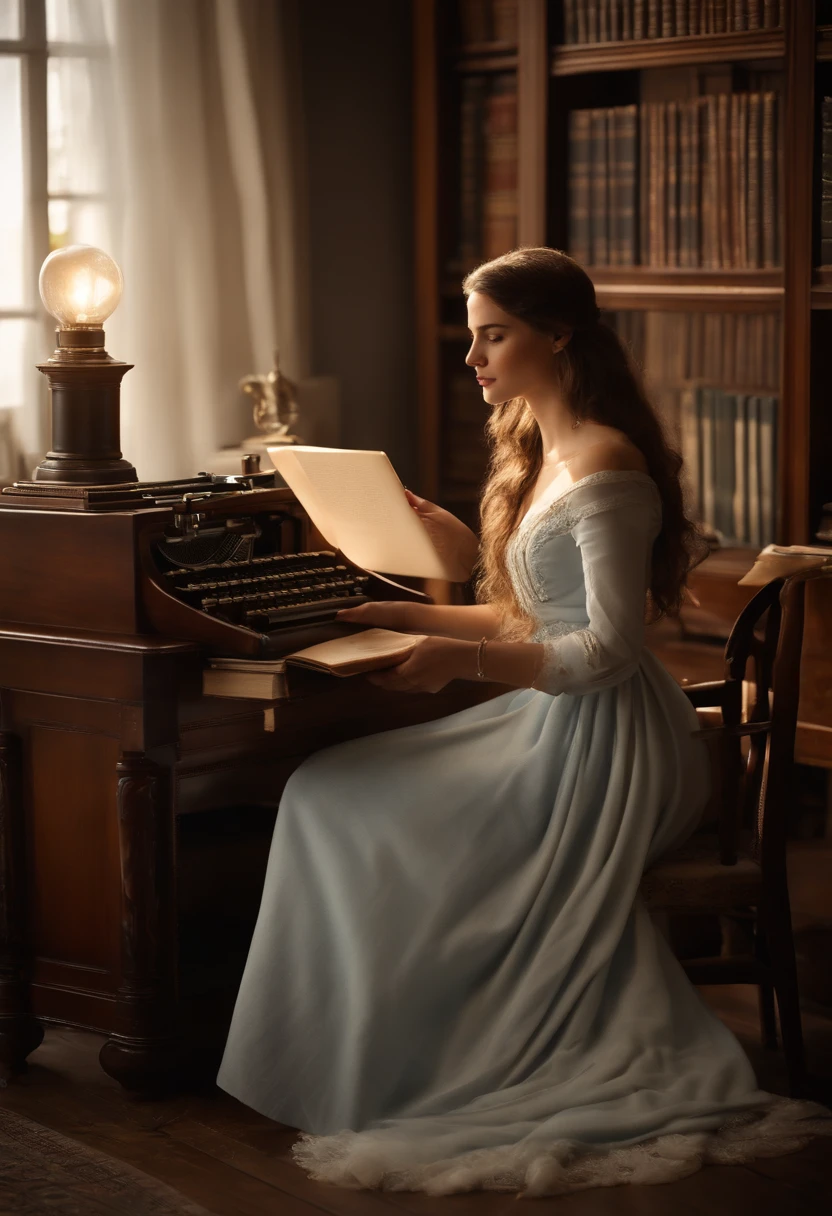 (best quality, highres, masterpiece:1.2), ultra-detailed, (realistic:1.37), a beautiful lady sitting in a library, pressing a laptop, portraits, wearing blue and white cloth, soft natural lighting, cozy atmosphere, wood bookshelves, leather armchair, antique desk lamp, vintage typewriter, serene expression, long flowing hair, elegant dress, book stacks, warm sunlight, dusty air, peaceful ambiance, intellectual vibes.