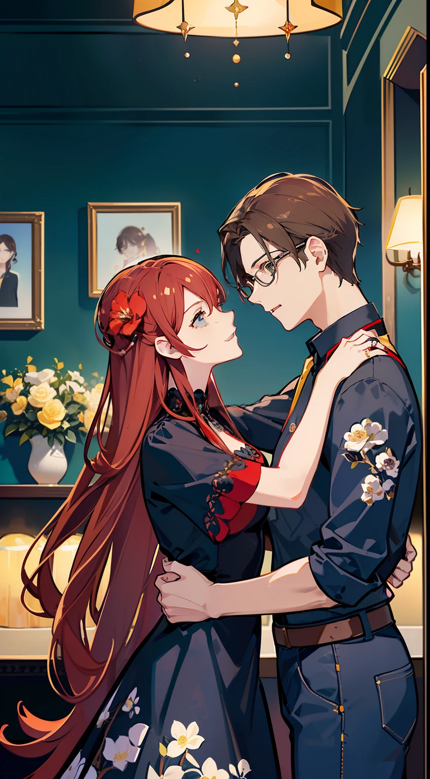 obra-prima, melhor qualidade, 2outros, casal, 1homem com 1mulher, height difference, Feliz, amor, sorrir, romantico, Royal blue jeans and dark red dress shirt |, She in black dress pants and white sleeve blouse with small flower prints, cafeteria, ((in a cozy café with yellow lamps)), headpe, ((There's a man with glasses, Light brown hair and royal blue jeans and dark red dress shirt and a beautiful woman with long light red hair wearing black pants and white short-sleeved blouse with small flower print and a neckline)), ela tem seios grandes, They hug each other, Directed by: Nandor Soldier, Lovely couple, casal feliz, Encontro, Foto de perfil do headshot, retrato de casal, crescimento de um casal, imagem de perfil, imagem do avatar, imagem de qualidade muito alta, foto do perfil, retrato de casais, foto do perfil, retrato de alta qualidade, they are in love,