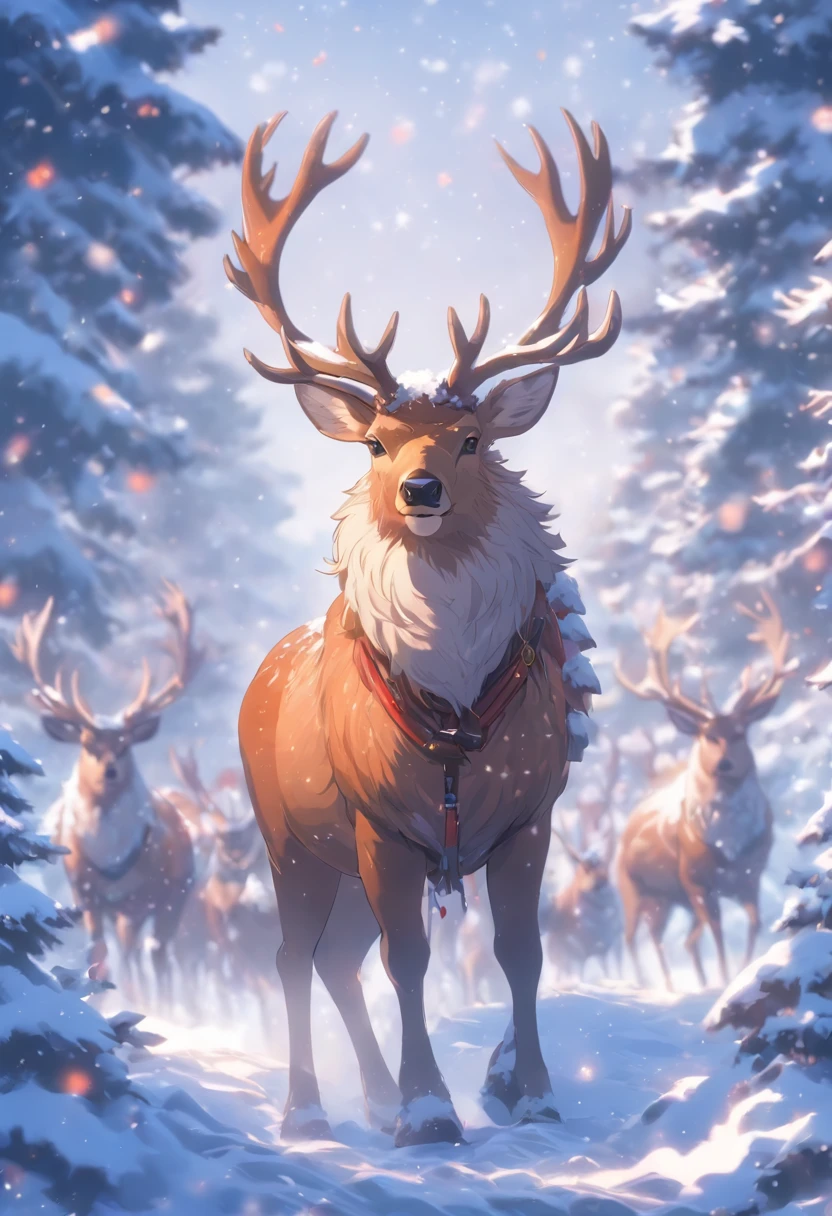 Winter scene，Illustration style，santa，elk，sled，Oyuki，The entire scene is covered in snow。