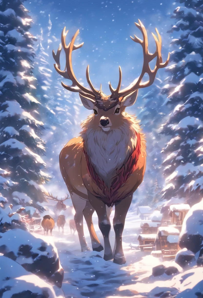 Winter scene,Illustration style,santa,elk,sled,Oyuki,The entire scene is covered in snow。