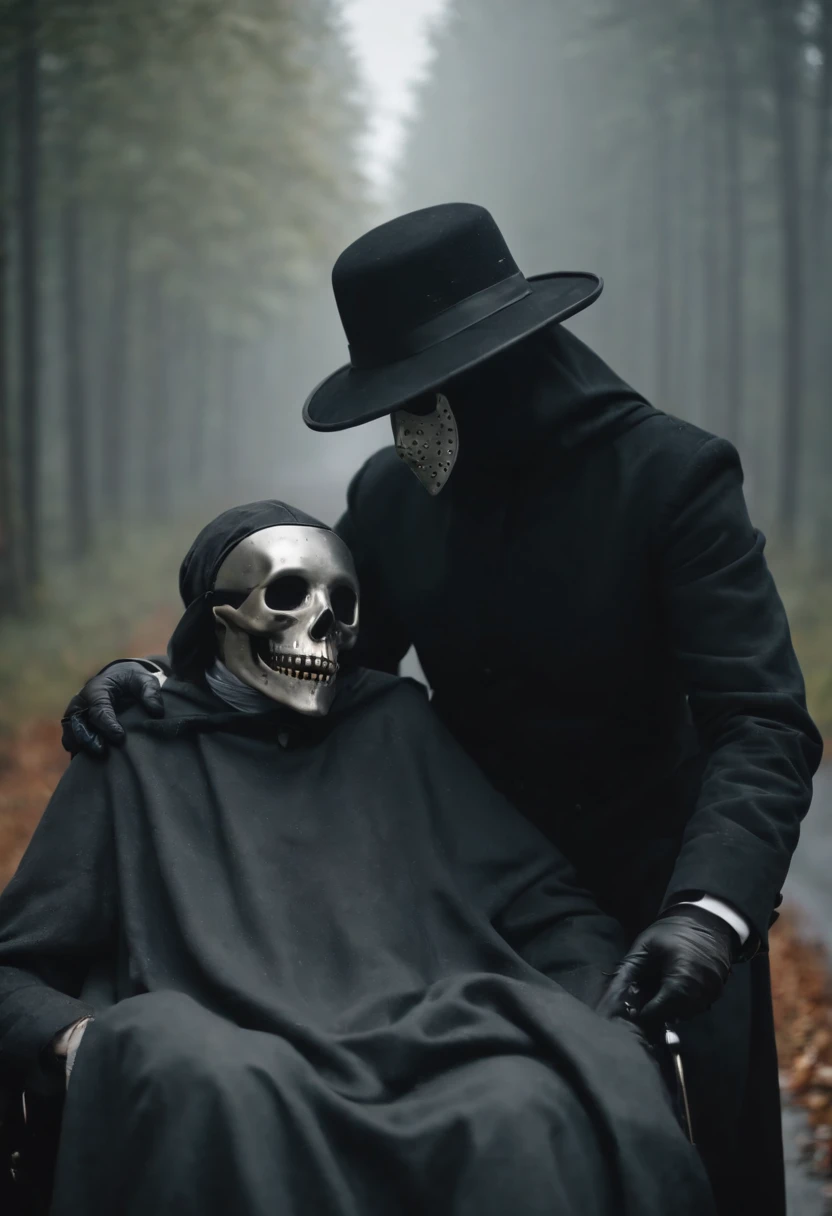 plague doctor holding a sick person on his lap on a road devastated by death in a very foggy place 8k images