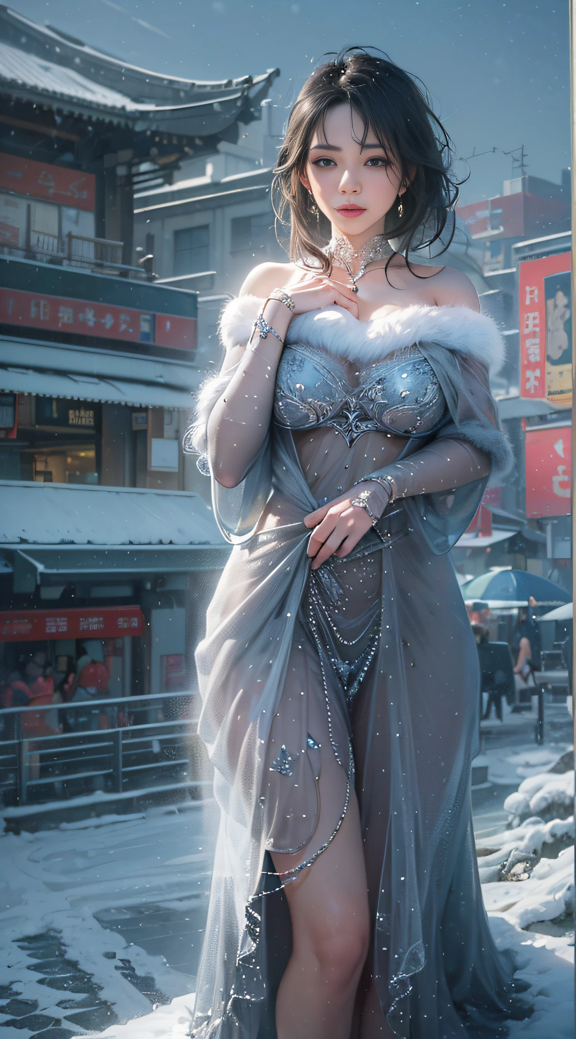 Masterpiece,Best quality,(Photorealistic:1.4),(Ultra detailed:1.3),(full bodyesbian:1.4),(In winter:1.3),1girll,Huayan,Bare shoulders,Solo,(See-through:1.2),(standing:1.2),(Barefoot:1.2),(Huge breasts:1.2),(Sunlight:1.1),(City:1.3),(beachside:1.4),(Outdoors:1.3),Unity 8k wallpaper,Blunt bangs,Black hair,1girll,Solo,