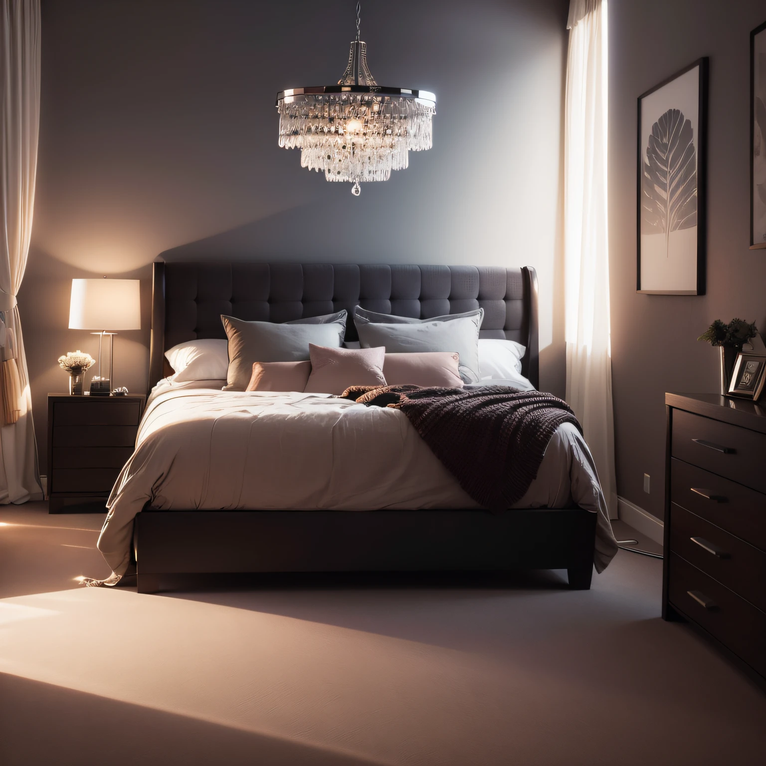 dark carpet bedroom with Lighting and Accessories