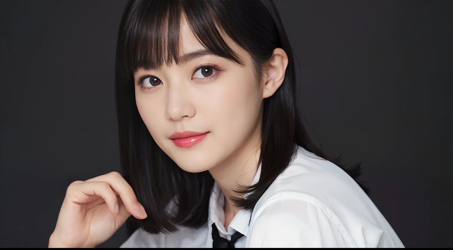 ((1womanl)), (((Black shorthair))), (masuter piece:1,3)、top-quality、masterpiece、hight resolution、Original、highly detailed wallpaper、jeans、(Tie your hair with a large ribbon), (A slight smil)、a small face、((Full breasts))、(Graphic T-shirt with animal characters printed)、(Light on Face)、Live-action style, Beautiful facial features, darkened room, full-shot, full length
