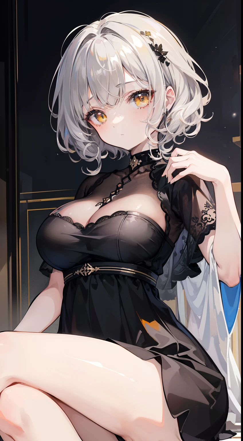 (top-quality、​masterpiece、high-level image quality、Super delicate)、((a beauty girl))、(Smooth dull silver hair)、(curly short hair、Long bangs)、Yellow eyes like a brilliant sunset、Black Choker、Black shirt、Idle Streamer、Moderately large breasts、(dark circles under the eyes)、glamor