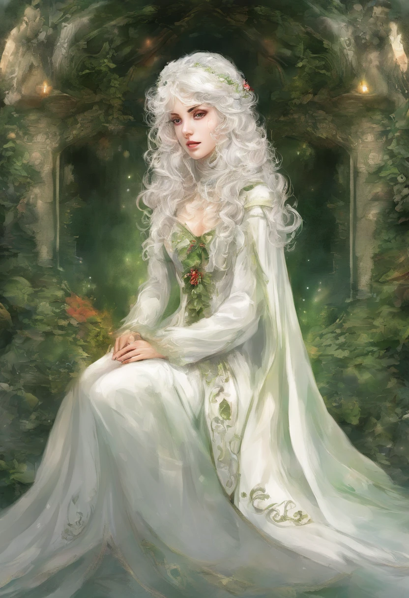 A girl, curly white hair, fluffy bangs, scarlet eyes, white eyelashes, whitedress, green cape, A scarf around his neck