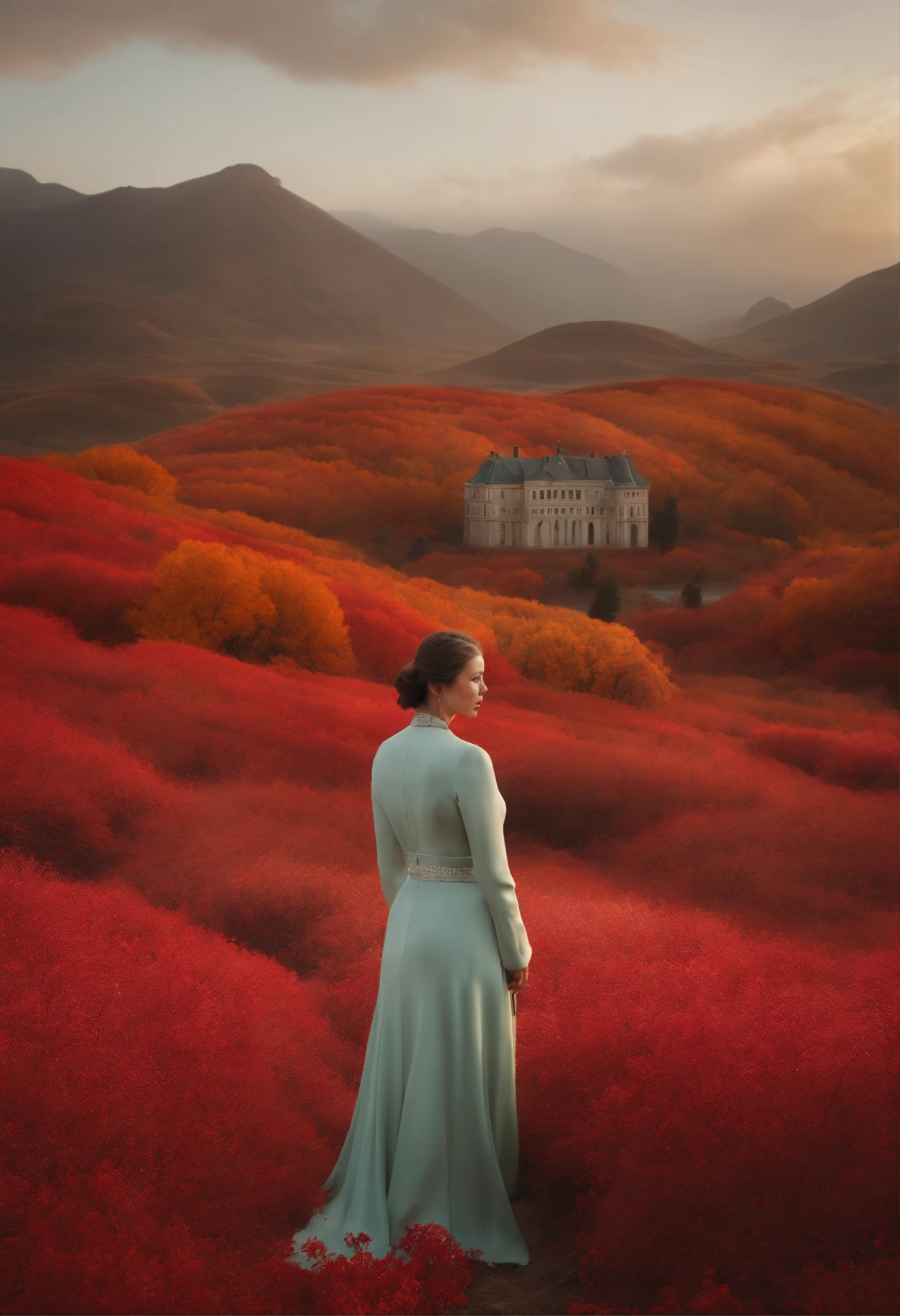 in a vast serene landscape, author:Scarlett Hooft Glavland, in a serene landscape, Sergey Zabelin, By Fei Danxu, photographed, hyper realisitc, autumnal, chinese surrealism, Hyper-realistic、Ink painting style that incorporates Chinese aesthetics。