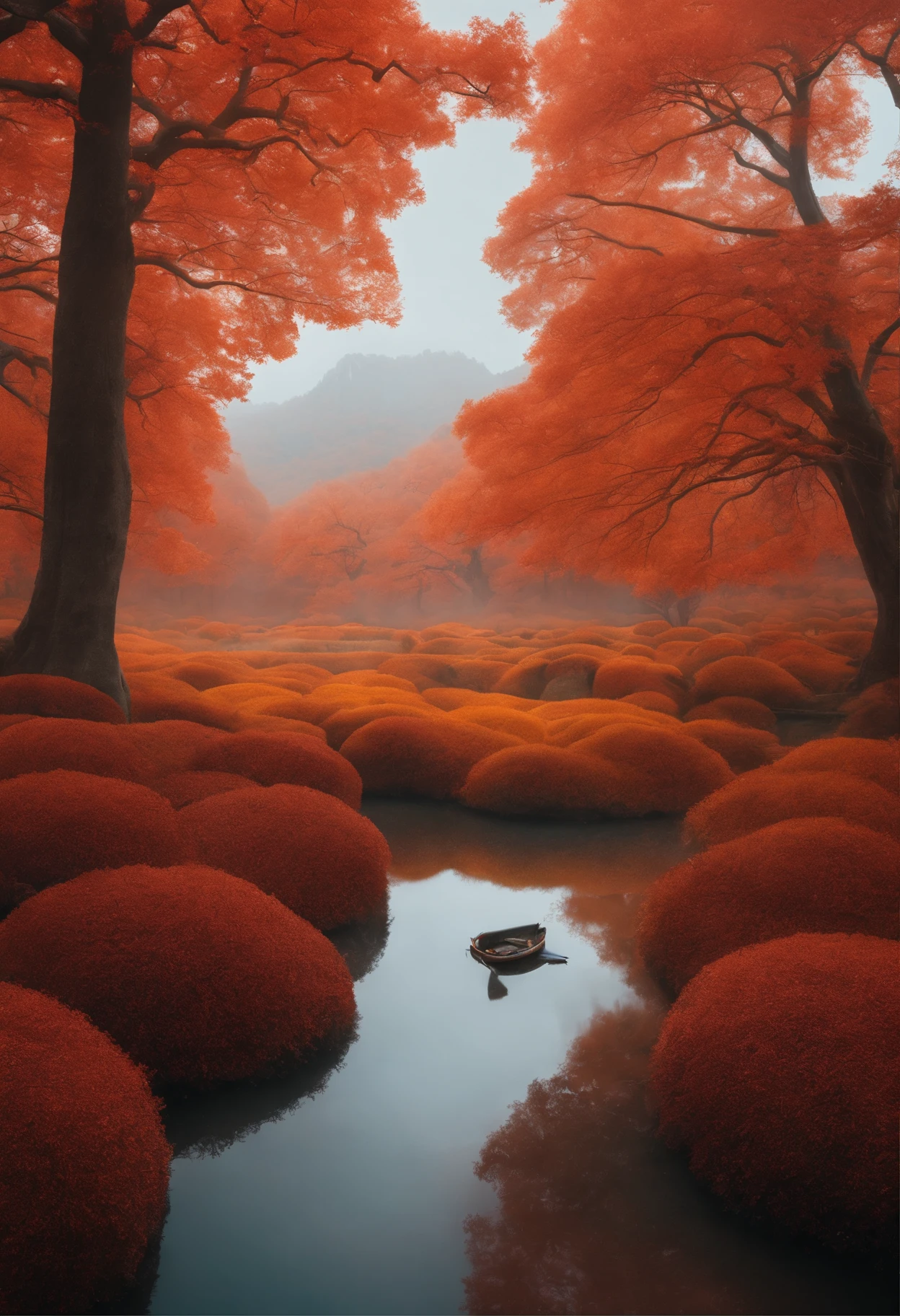 in a vast serene landscape, author:Scarlett Hooft Glavland, in a serene landscape, Sergey Zabelin, By Fei Danxu, photographed, hyper realisitc, autumnal, chinese surrealism, Hyper-realistic、Ink painting style that incorporates Chinese aesthetics。