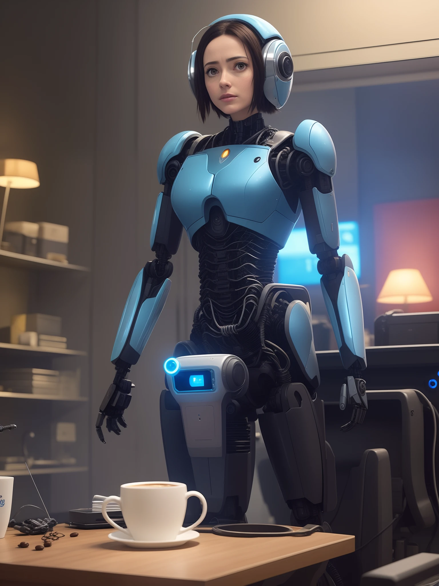 Araffe, a robot sitting in a chair with a cup of coffee, CGSetnation ), CGSetalidade 9, filme ainda de um ciborgue, foto de alita, CGSsociety, highes definition, Still from a movie of a cyborg villain, CGSetalency UHD altamente detalhado 4K, foto do filme ciborgue, filme de um cool, Cybernate, Ciborgue altamente detalhado