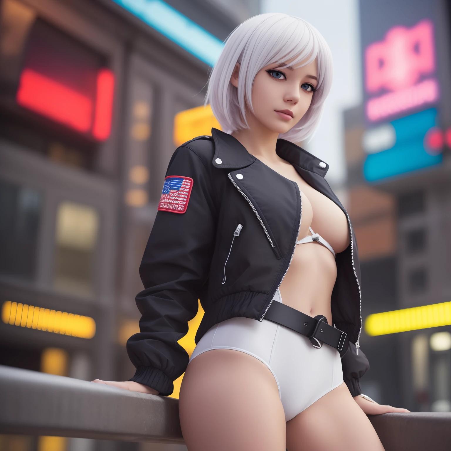 Masterpiece, (Photorealistic:1.4), Best Quality, Beautiful lighting, (ulzzang-6500:0.5), Lucy \(ciberpunk\), 1girl, white colored hair, Against the railing, arm rest, Bangs, bare shoulders, belt, Black Belt, black swimsuit, Black pants, blurry, bob cut, 가슴, building, urban landscape, clothing cutout, (cropped jacket), ciberpunk, Depth of field, from side, gradient eyes, gray eyes, gray hairs, White jacket, leotard, lips, long sleeves, Look into the distance, Looking Ahead, (Mechanical parts), Average Breasts,, colorful eyes, multi-colored hair, night time, night sky, off-shoulder, revealing clothes, open jacket, exteriors, pants, parted lips, railing, Red Eyeliner, science fiction, short hair with long locks, Short shorts, Shorts, side locks, skye, 独奏, Standing, teeth, Neckline on the thigh, upper teeth only, White jacket, white shorts, ciberpunk \(series\), Cyberpunk Edgerunners, RAW photo, 8K UHD, Film grain, cosplay, White wig, night time, neon lights,,,,