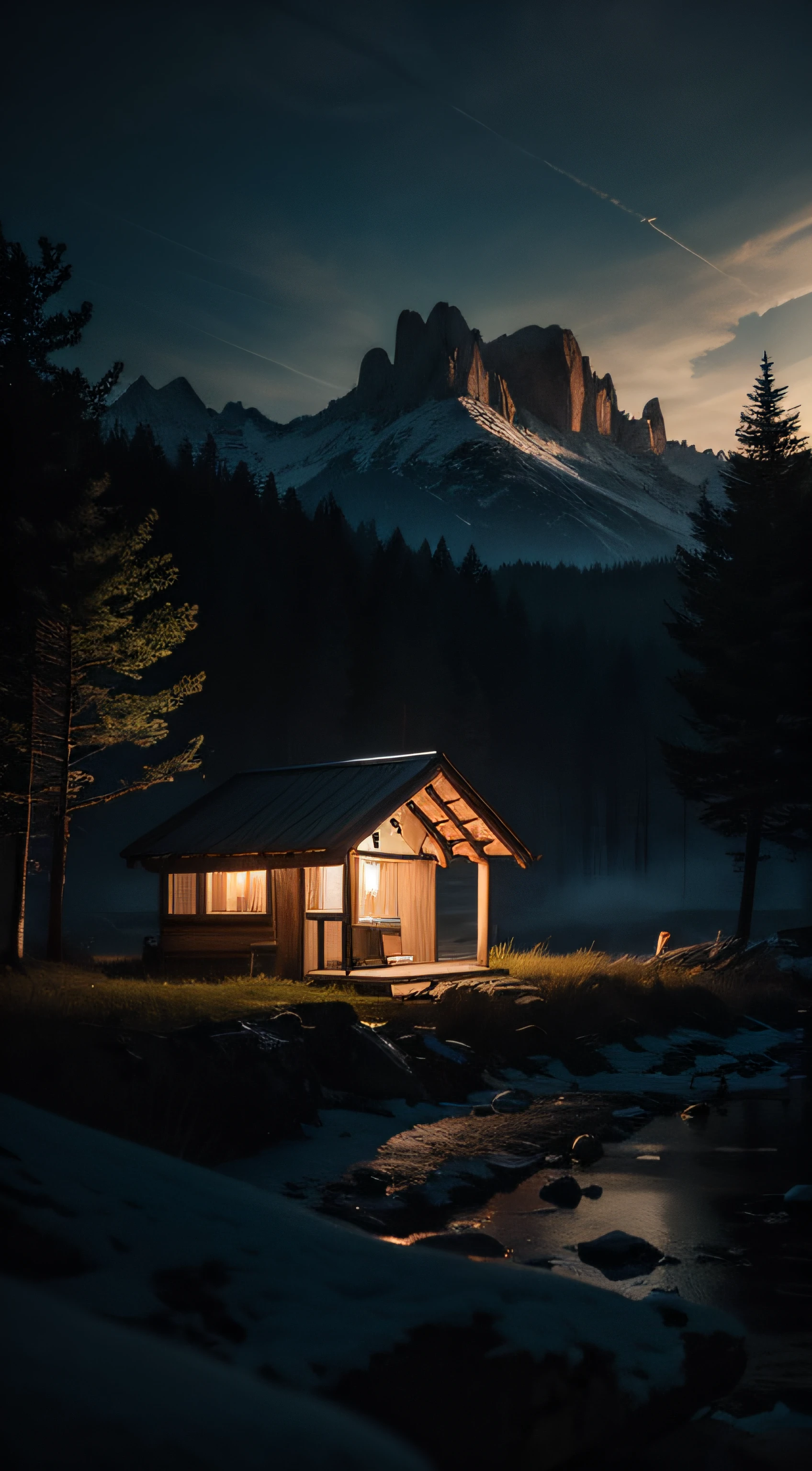 forest, hut, firefly, atmospheric olive lighting, mountains with snow in the background, pond reflecting in front, 8k UHD, dark vibrations, hyper detailed and vibrant colors, epic composition, octane rendering, sharp focus, high-resolution isometric