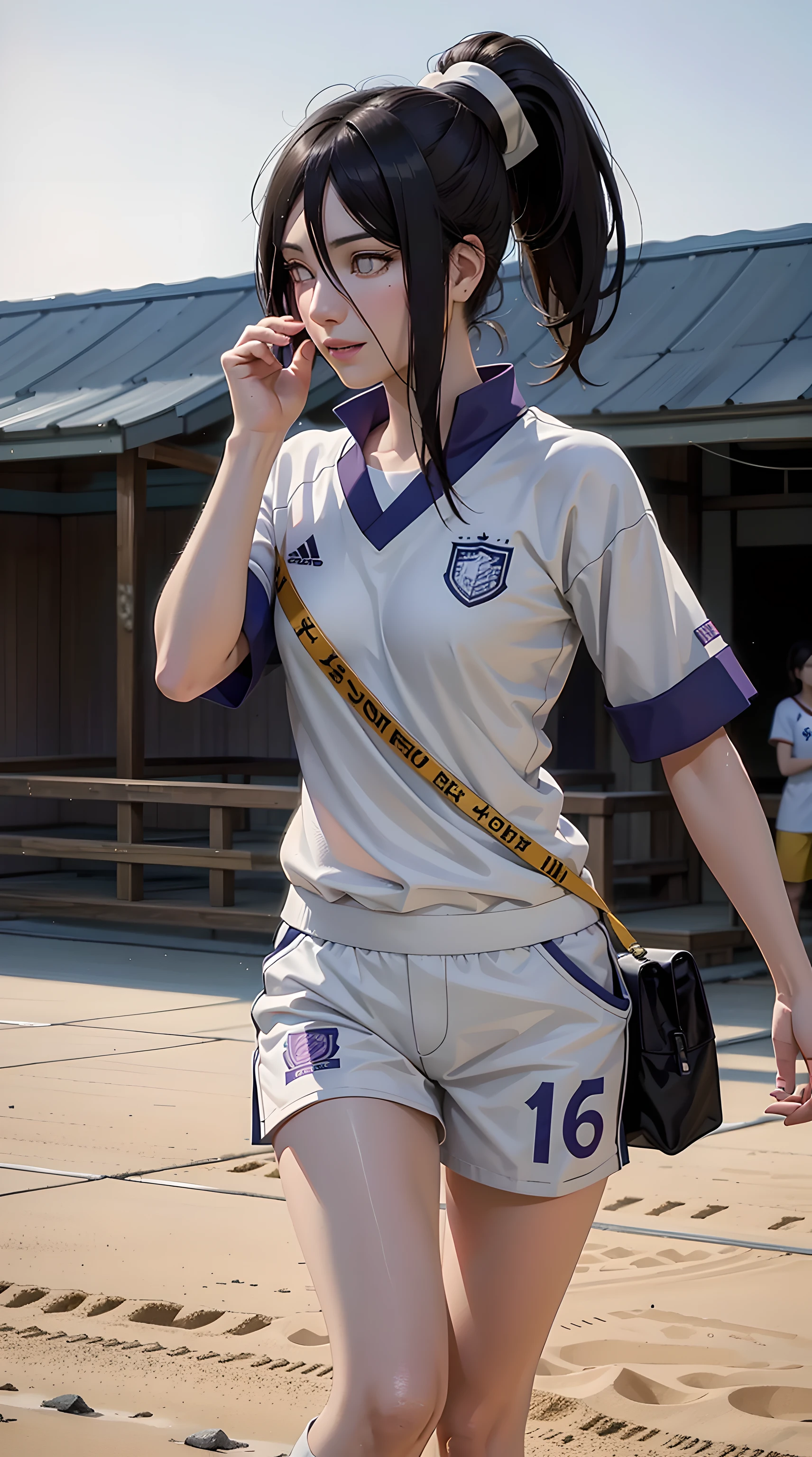 hyuuga hanabi, long hair tied low, hair band, hana purple eyes, bangs, ponytail, beautiful woman, beautiful, perfect body, perfect breasts, wearing a soccer jersey, soccer pants, soccer shoes, in the middle of the soccer field, looking at the audience , little smile, realism, masterpiece, textured skin, super detailed, high detail, high quality, best quality, 1080p, 16k