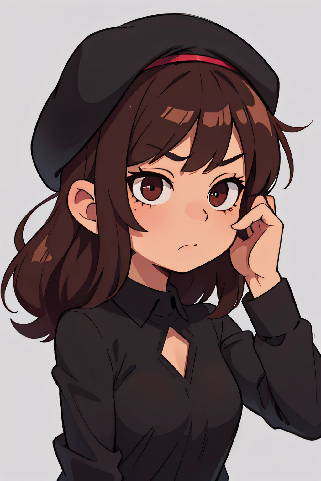 Dark blond hair, Bangs disheveled, Brown eyes, Wearing a black beret, Dark burgundy shirt