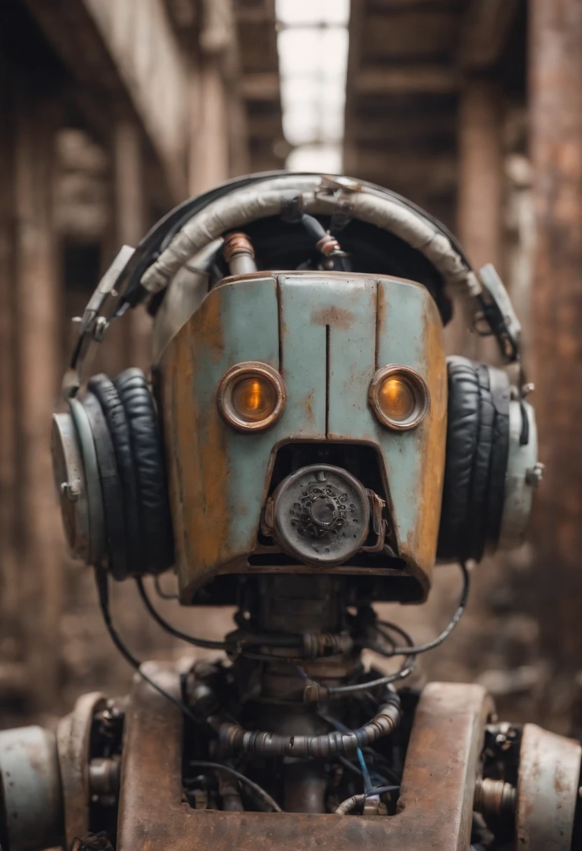 Photo portrait of a robot with cap wearing headphones made of plastic tubes, dirty water, oils, maintenance, in an old abandoned and rusty factory with his nerdy friend