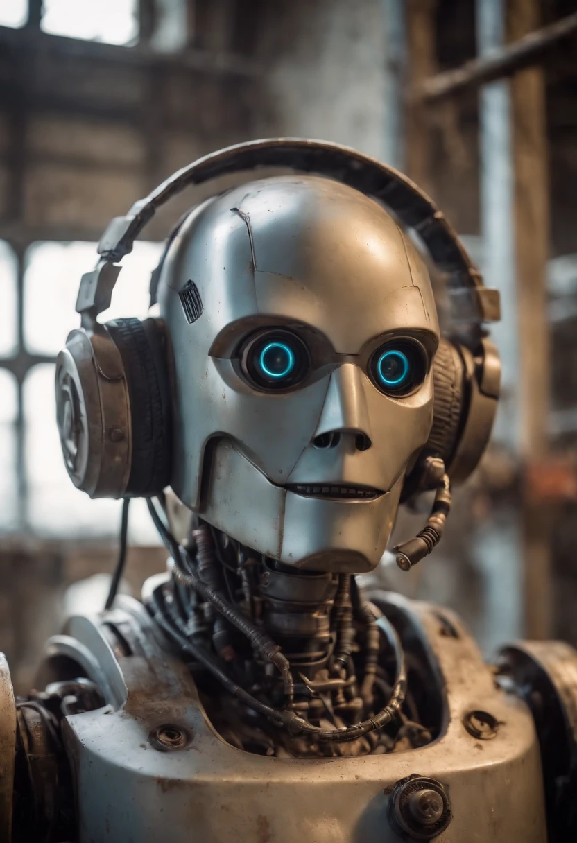 Photo portrait of a robot with cap wearing headphones made of plastic tubes, dirty water, oils, maintenance, in an old abandoned and rusty factory with his nerdy friend