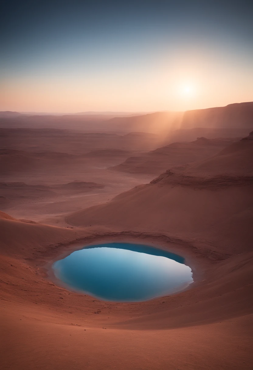 Generate an image of a blue sunset over the Martian landscape, blue colored sun, Ultra realistic photograph