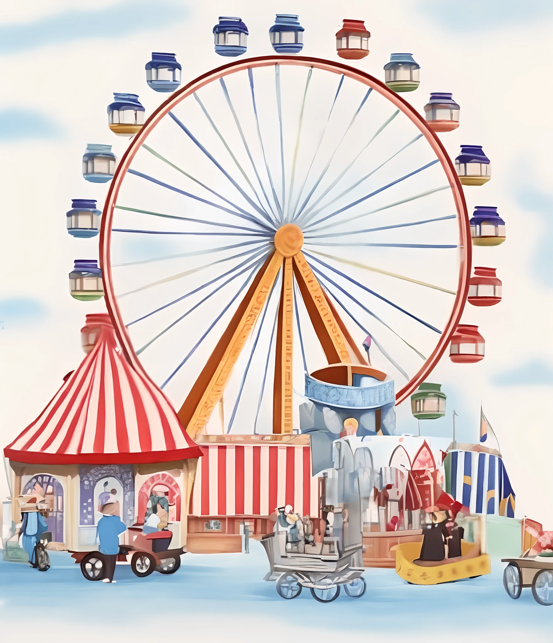 There is a painting of a carnival with a Ferris wheel and a circus, ( roda-gigante ), roda-gigante, Carnaval em segundo plano, Passeios em feiras, curiosidades carnaval, amusement park, carnaval, circo, fundo do carnaval, carrossel, fundo circense, Amusement park attractions, vignette illustration, Bem-vindo ao Circo, Carnaval, Artistic illustration, Passeios, justo