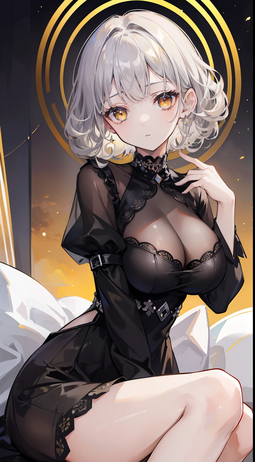 (top-quality、masterpiece、high-level image quality、Super delicate)、((a beauty girl))、(Smooth dull silver hair)、(curly short hair、Long bangs)、Yellow eyes like a brilliant sunset、Black Choker、Black shirt、Idle Streamer、Moderately large breasts、(dark circles under the eyes)、glamor