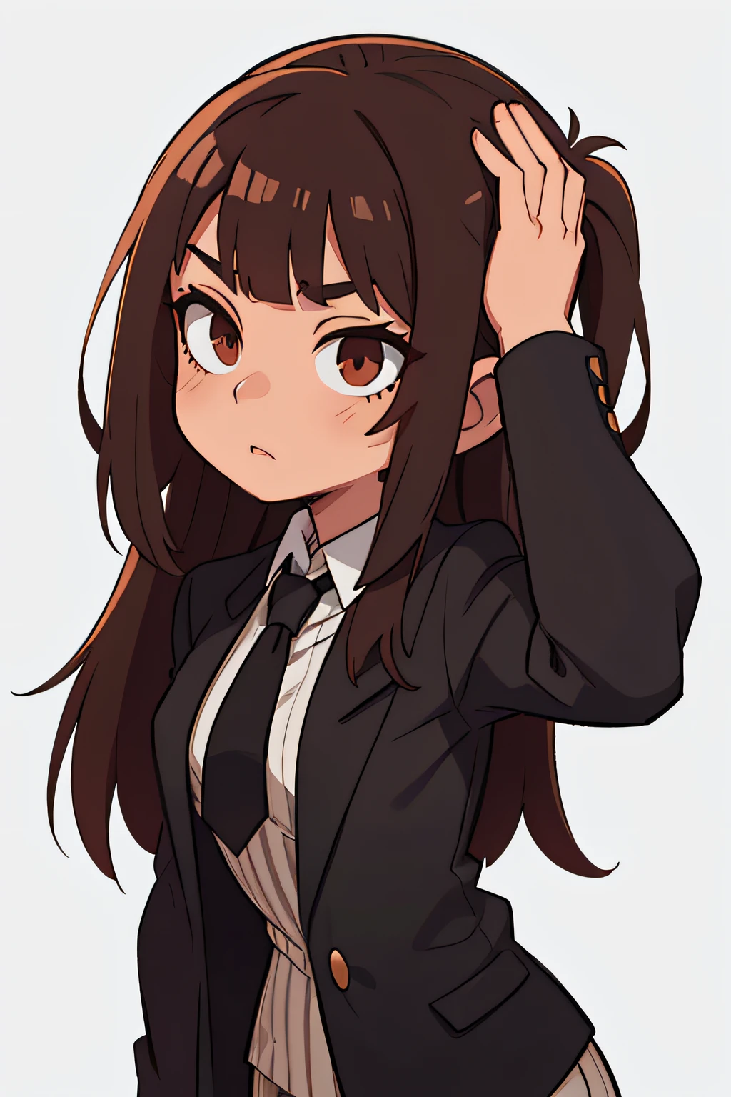 Dark blond hair, Average hair length, Bangs disheveled, Brown eyes, She is dressed in black with white stripes. And also a maroon shirt, and a black tie on her.