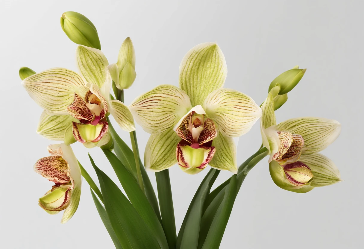 A bunch of cymbidium plant illustrations display vibrant colors with lots of stunning have lush, tender green stems and leaves. These images exhibit a sense of exuberance and vigor. Professionally designed pure white backgrounds make them effortless to key and integrate into a variety of design projects. Produced exclusively for 8K HD packaging design materials, each illustration is rich in detail, offering captivating close-ups that highlight the intricate beauty of this plant.