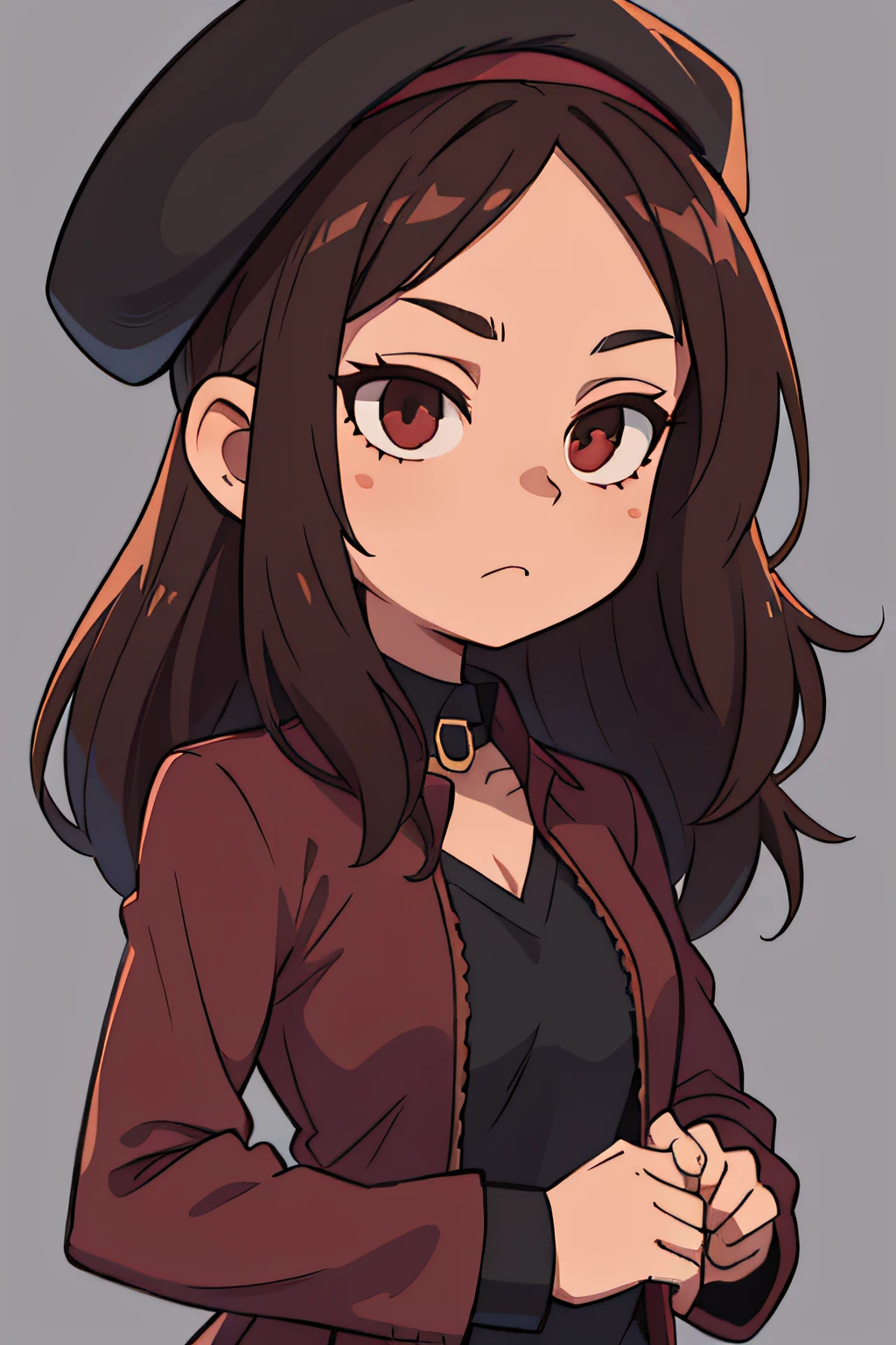Dark brown hair, Long, brown eye, Black beret, burgundy shirt