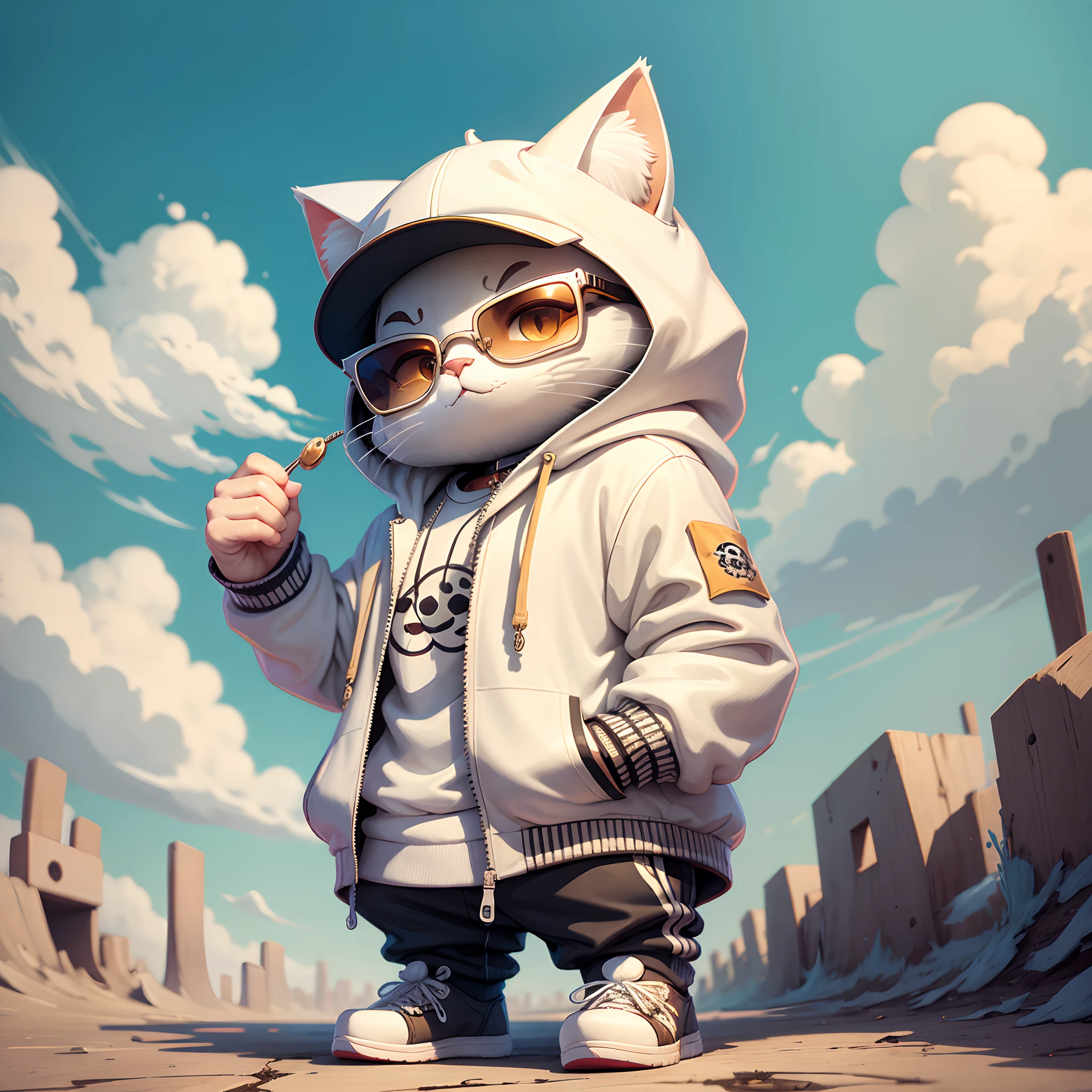 c4tt4stic,White cartoon cat in jacket and sunglasses,,pose bonita,Wearing Hat、I'm eating ramen,