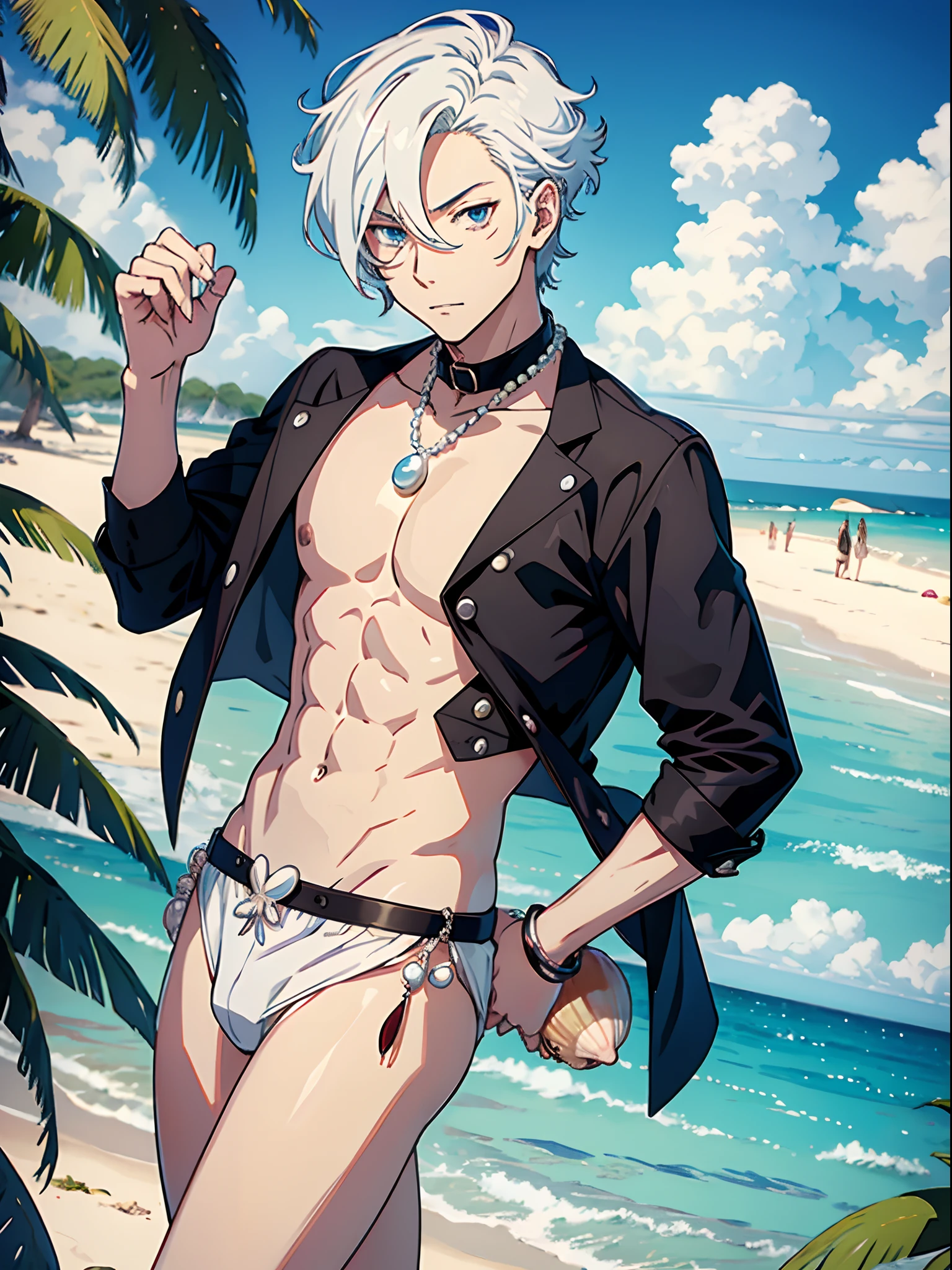anime guy, sexy, white hair, pearl jewelry, seashells, beach