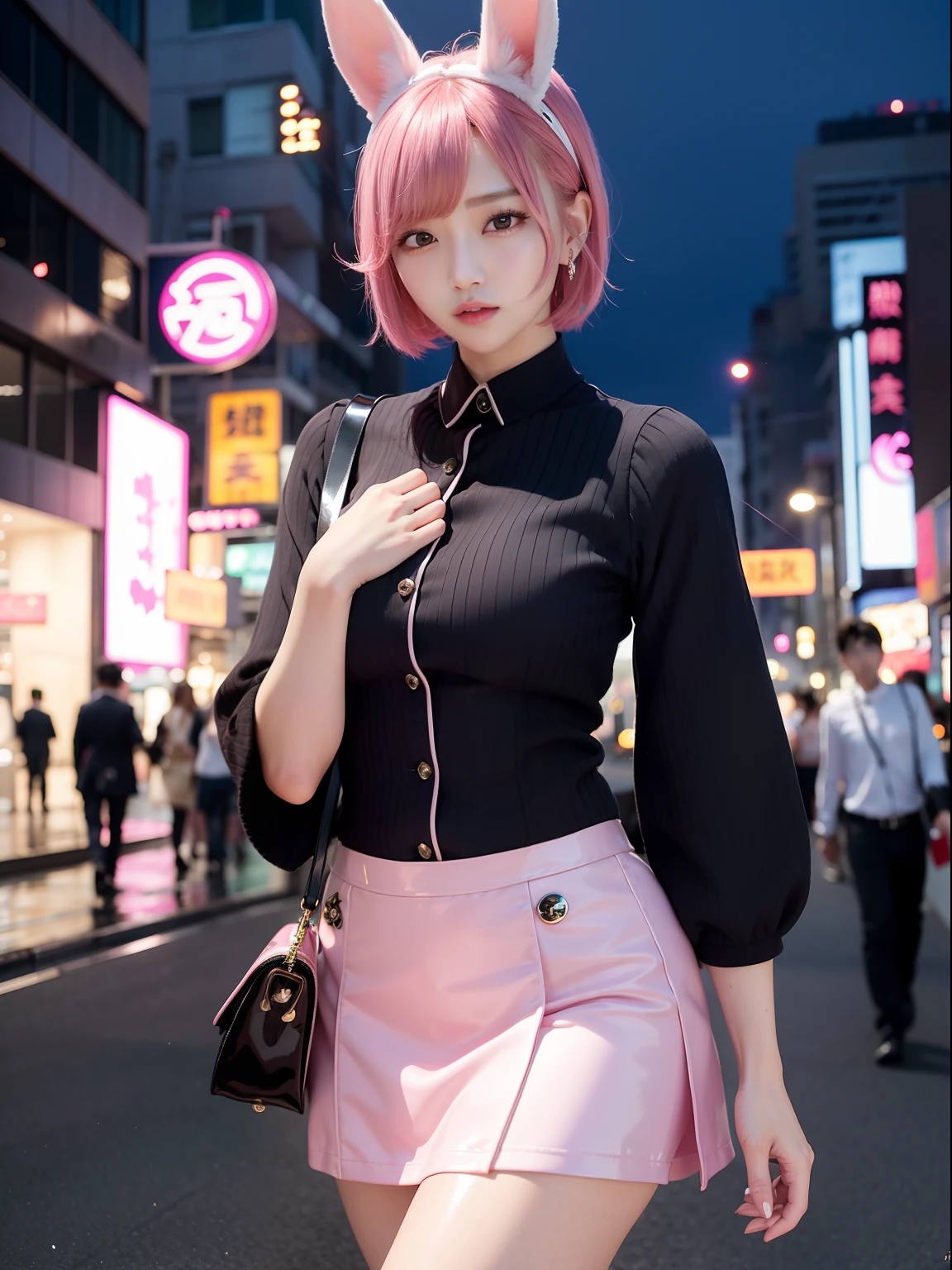 Custom Street、End of work、Night city、Life Insurance Saleslady、、Sober tight skirt、Sober suit、Career Woman、Female office worker、Pink Shortcut Bob、Realistic rabbit ears、Realistic ears of rabbits sticking out of the head、Pink hair、Bewitching atmosphere、Beautiful shaped hands、K-POP、Pink rabbit ears、1 girl in、独奏、​masterpiece、top-quality、realisitic、Hyper-detailing、(Glossy skin:1.4)、absurderes、short pink hair、Slender beauties、动态照明、hight resolution、foco nítido、depth of fields、(thick thight:1.0)、A slender :1.2、((Short-cut bob hair))、((k pop:1.3))、Highly detailed facial and skin texture、((魅惑的))、Anatomically correct number of fingers、Correct ???????、