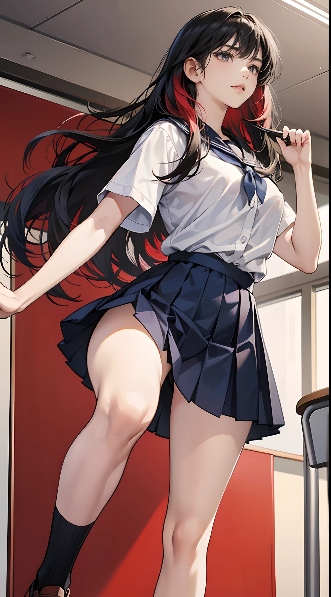 (Best Quality,4K,High resolution), 18yo woman, Red mesh hair on black hair, Long hair, Straight hair, Cool Woman,,sharp eye ，fight，The right stance，Cool kick-up scenes，Kick，Intricately drawn, Realistic portrayal，Expresses the delicate texture of the skin in every detail，School classroom background，female high-school student，School Uniforms，Navy blue skirt，summer clothing， shortsleeves，
