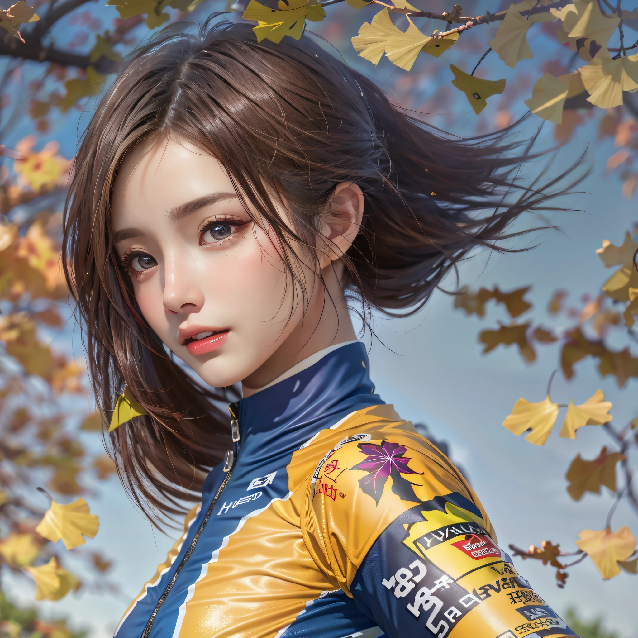 (8k, highest quality, high resolution), (photo realistic:1.2), (hyper realistic:1.2), (1Girl:1.3), happy:1.2, (Detailed Eyes), (hyper Detailed face:1.2), (Road Bike Racing Uniform), Uniform with an open chest, 18 years old, Detailed road bike:1.2, beautiful face, Medium breasts, skinny, Translucent sexy shirt, shiny skins, perfect hands, perfect legs, Ginkgo tree with foliage, Blue sky in autumn, Watch your audience, (medium hair, dark brown hair)