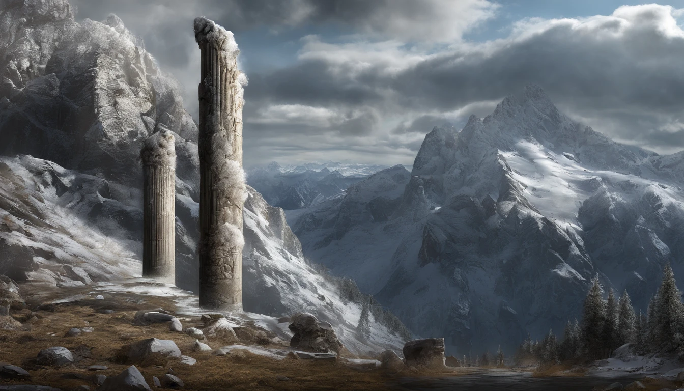(Distant view)Best quality, Masterpiece, 1 Magnificent pillars at the border of the Frost Kingdom , snowfield, high resolution, (photograph realistic:1.4), surrealism, Dream-like,fusionart, Shadowdancer, shadow magic, darkness control, stealth, shadowstep, umbral spells, hidden blade,
