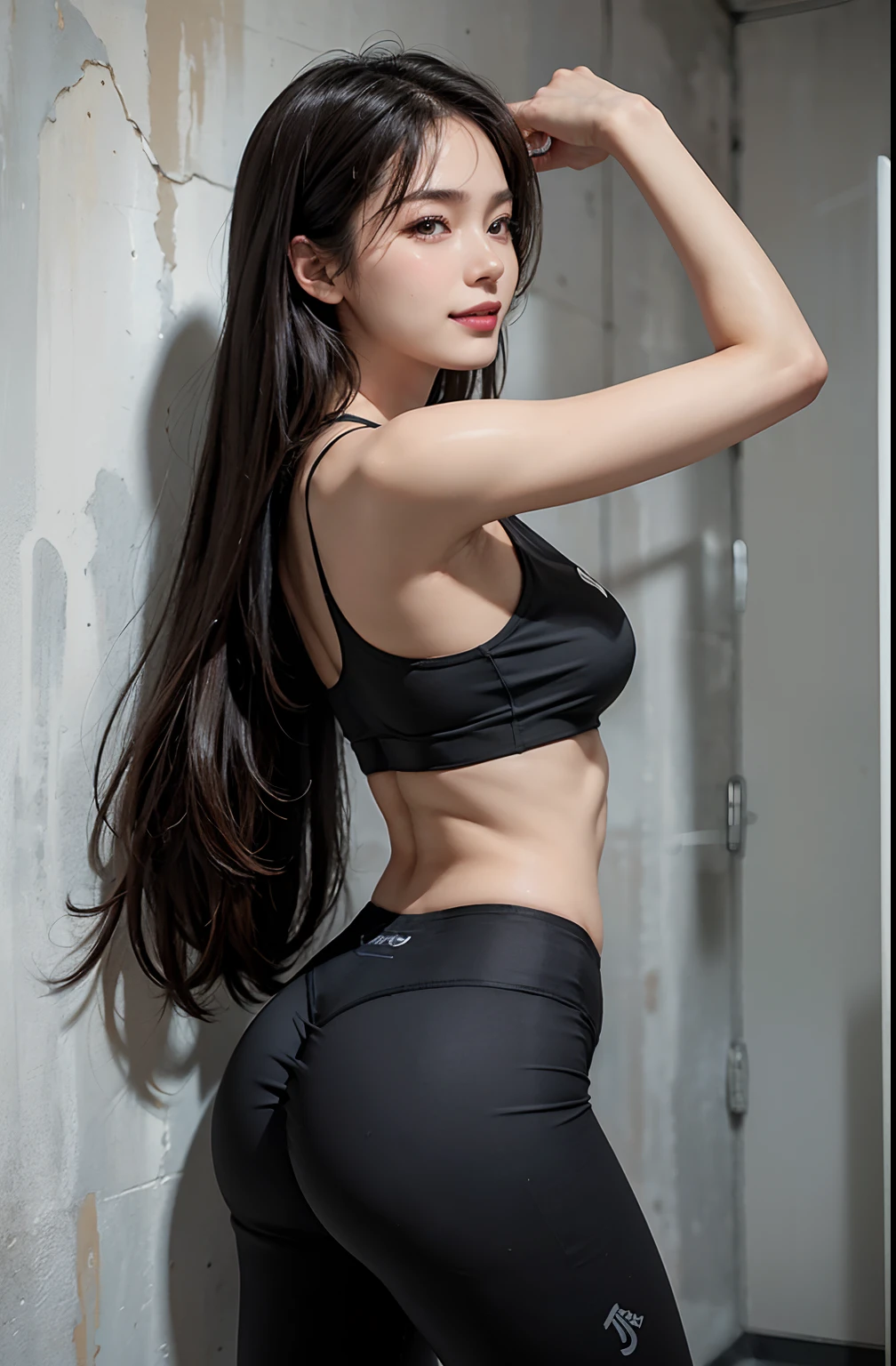 Fitness Girls、cute little、realisitic, 8K, 1girl in, Iris heterochromatic eyes, Mole under the eyes, Toned abs、Beautuful Women、Colossal tits:1.3、bich、life-like、8K、Kpop Idol、Wearing fitness wear、(perspired)、((Woman exercising in gym))、((Wet hair))、(Erotic face)、toned thighs、hyperdetailed face、Detailed lips、A detailed eye、Long Black Hair、Slender eyes、(from behind)、(toned big buttocks),Nogizaka's、Idol's