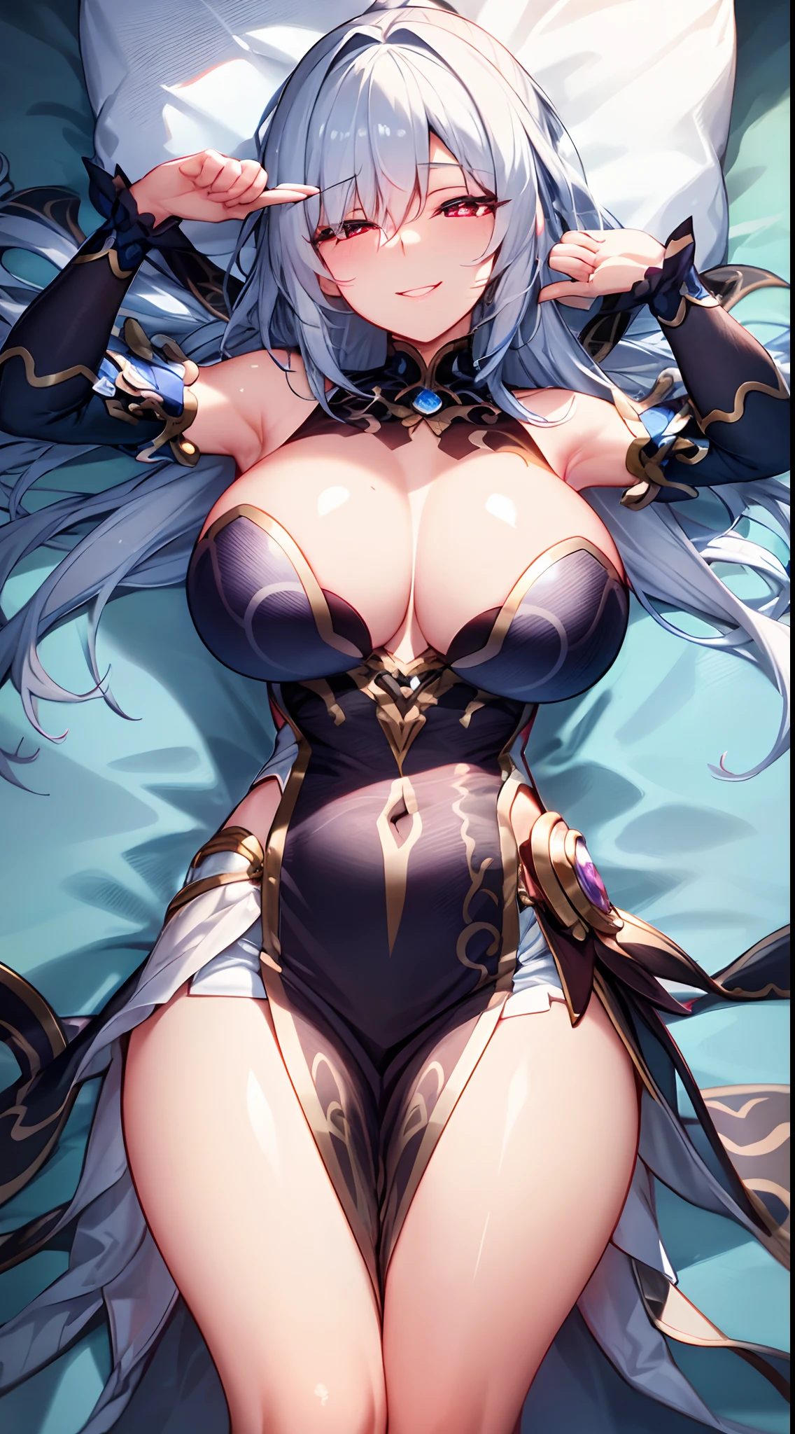 masterpiece, best quality, HD, 4K, Ultra-high resolution, Extreme Detail, Super detailed,beautiful eyes, beautiful hair, Beautiful side, beautiful skin, white hair, red eyes,heart-shaped pupils, pupils glow red, big breasts, glossy leather,lying on your back ,Spread your legs towards the viewer, Pillow up,ahegao, blush, Charming smile, close your eyes, bed, Close-up, Look at the viewer