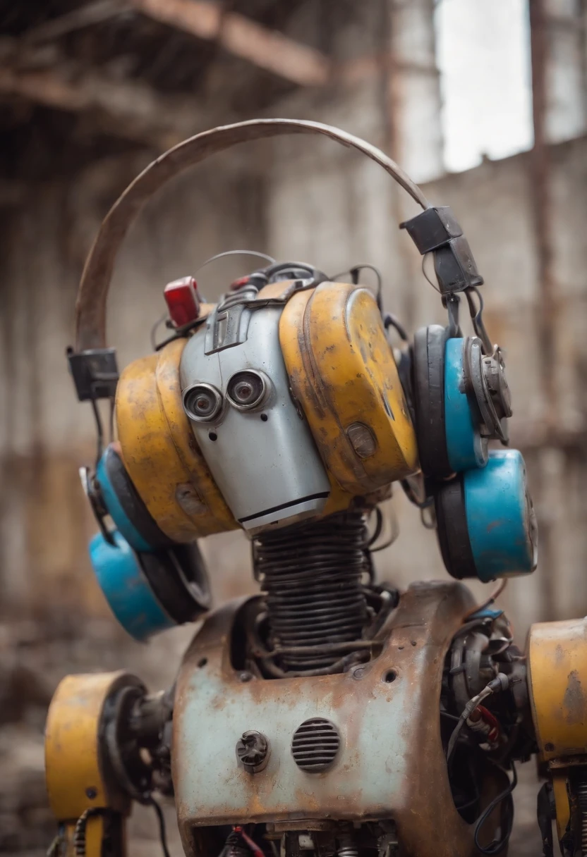 Photographic portrait of a robot with cap using colorful headphones made of plastic tubes, dirty water, oils, maintenance, in an old abandoned and rusty factory