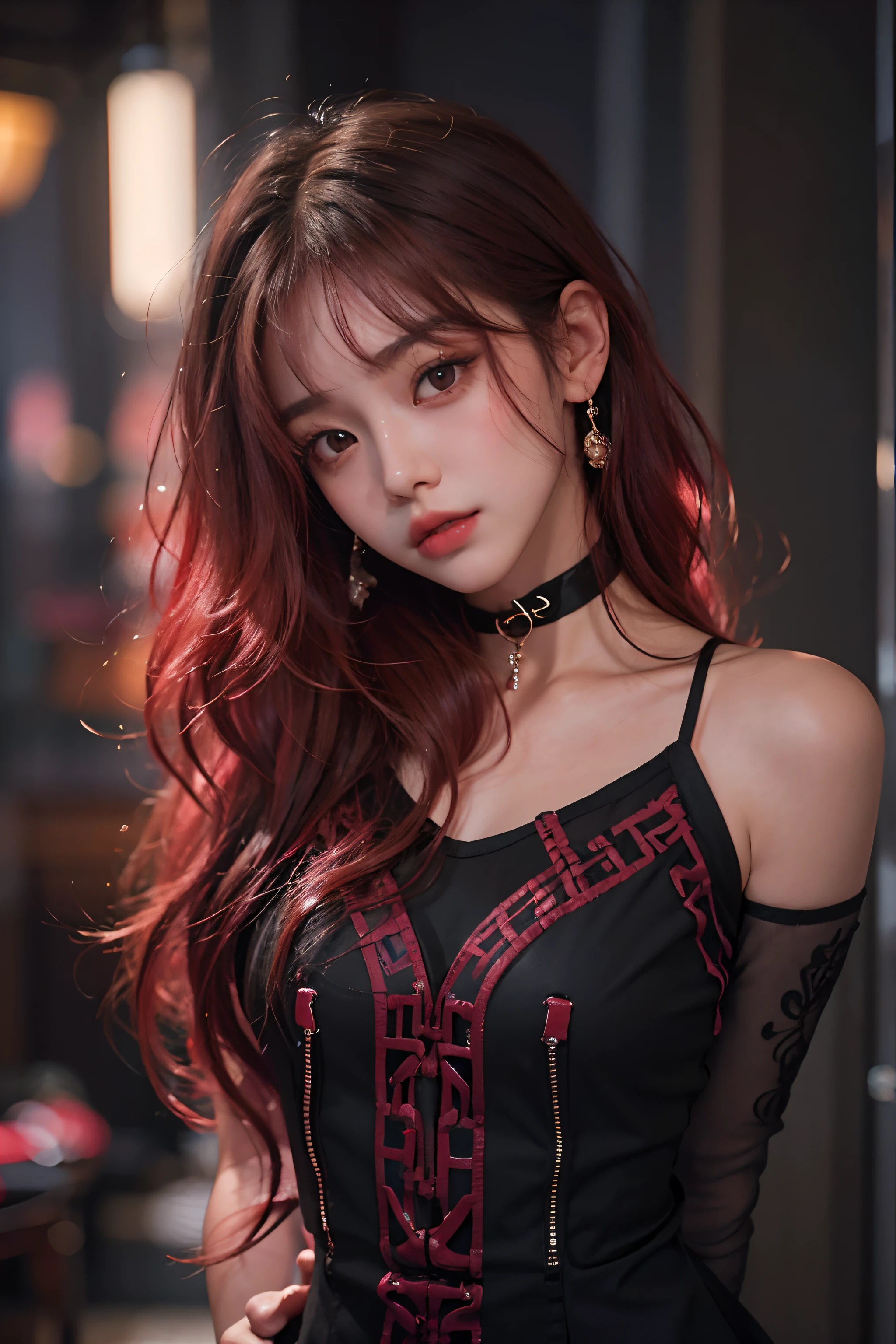 1girl in、in her 20s、((Medium hair))、(((black hair, red dip-dye hair)))、(the tips of the hair are bright red)、((bangss))、(Photoreal Stick:1.2)、in 8K、(High quality shadows)、(A charming expression)、Detail Beautiful delicate face、Detail Beautiful delicate eyes、Cute K-pop Idol、(Korean Urzan Face)、(ulzzang -6500-v1.1:0.6)、pureerosface_v1、(looking at view)、gloweyes、perfectbody、((strong lights))、(a choker)、((Brown eyes))、((Beautiful Finger))、 Shiny hair、Description beautiful delicate hair、(Lustrous skin)、((Black see-through dress))、hallway、 (early evening)、Background blur、电影灯光、