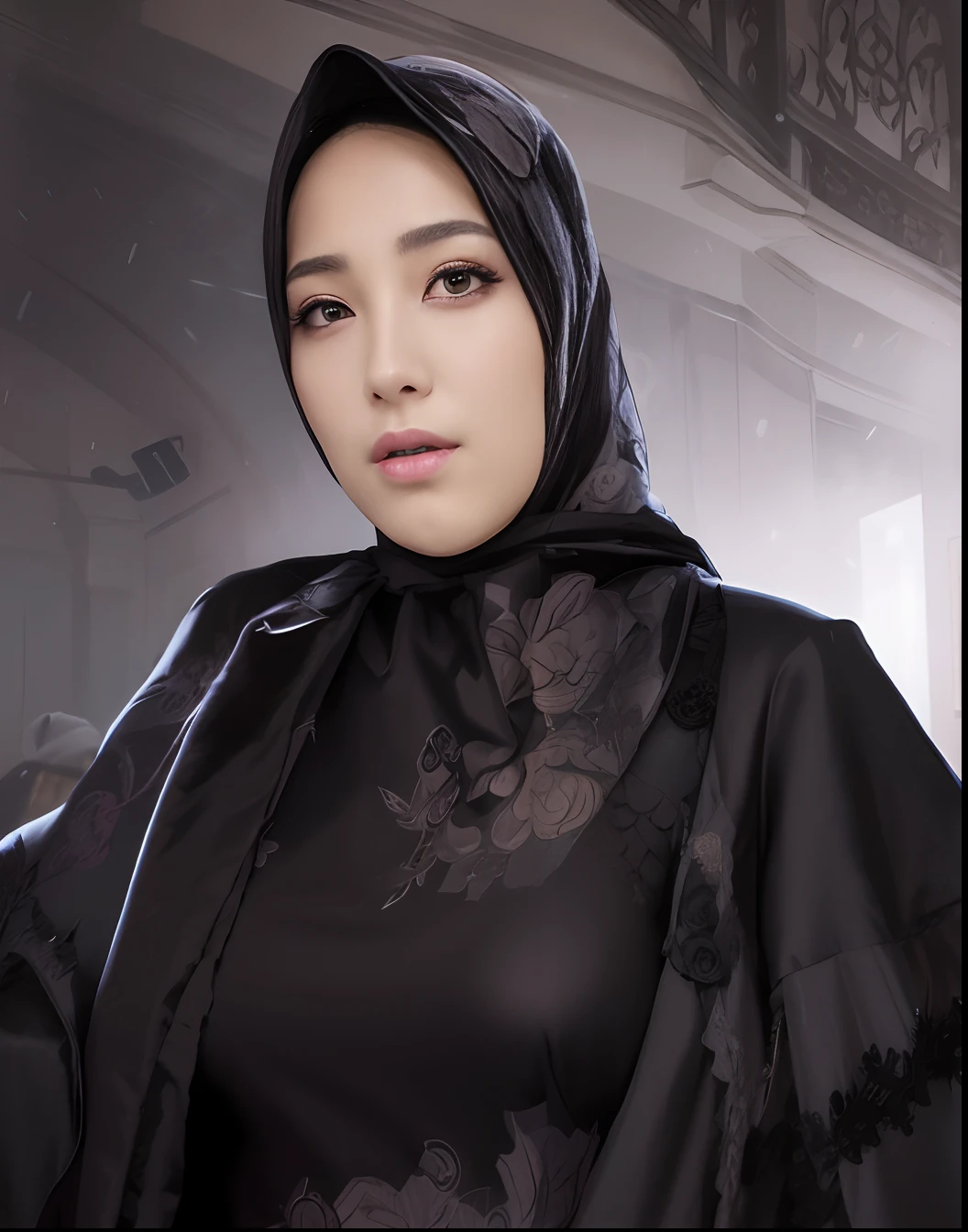 Three mysterious maidens,Robe with clothes,All over the body black robe,The whole body is dressed in black,Black veil,wearing a hijab,Beautuful Women
