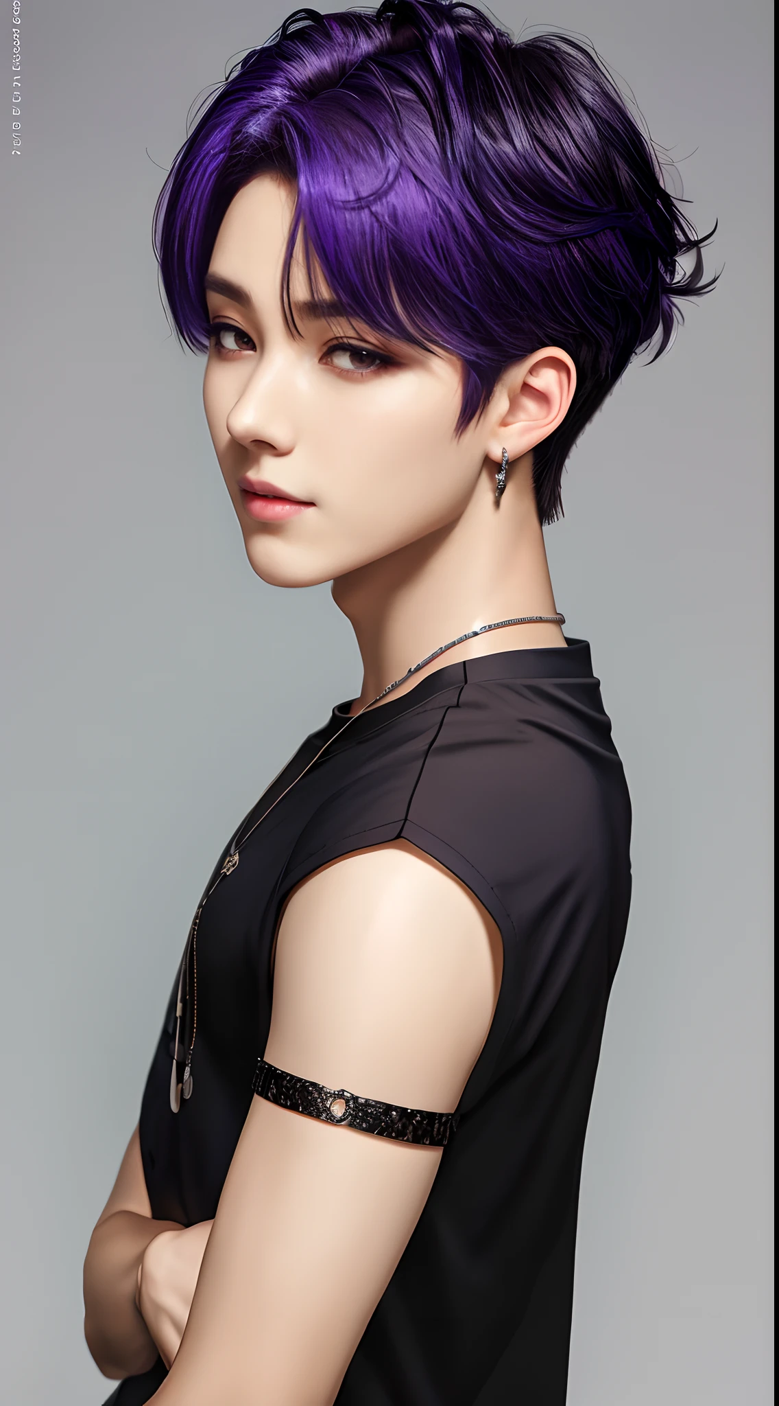 Englandtown, Professional Photos, shot from back, Photographed so that the whole body can be seen, shot from back, Fedoman with a necklace, inspired by Sim Sa-jeong, androgynous vampire, :9 detailed face: 8, extra detailed face, detailed punk hair, ((Gray)) baggy eyes, Seductive. Highly detailed, semi realistic anime, Vampires, hyperrealistic , delicate androgynous prince, imvu, Bright purple hair, Gray eyes, Cool Korean fashion in black short sleeve t-shirt, Hiding both eyes with bangs, I can't see both eyes with bangs, Long bangs, short hair above the ears, Glaring expression, Wild look, Grinning expression, looking distantly, high-level image quality, masterpiece,