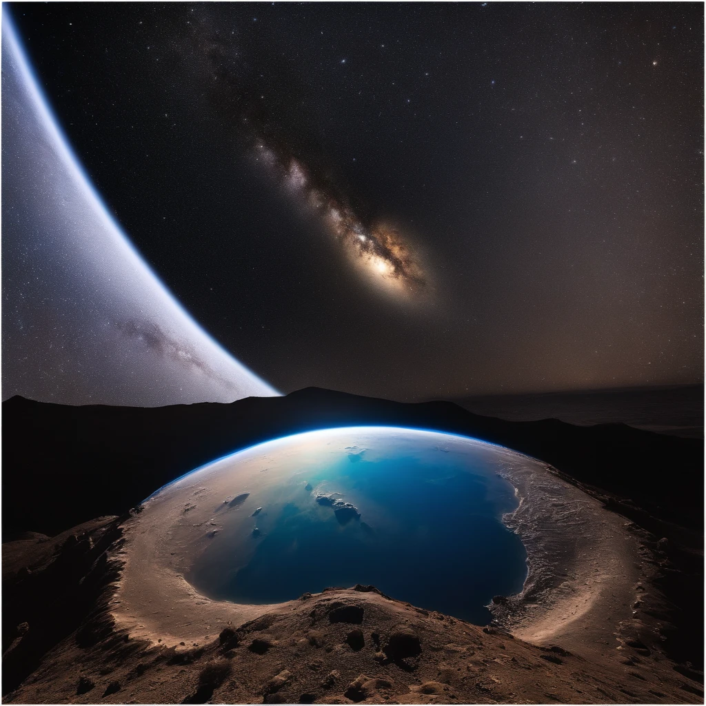 Master Parts、Superior Quality、superior image quality、The 8k quality、Beautiful pictures of the starry sky、magnifica、Arched Milky Way:1.25、Looking at space from the Moon:1.9、Craters on the Moon:1.9