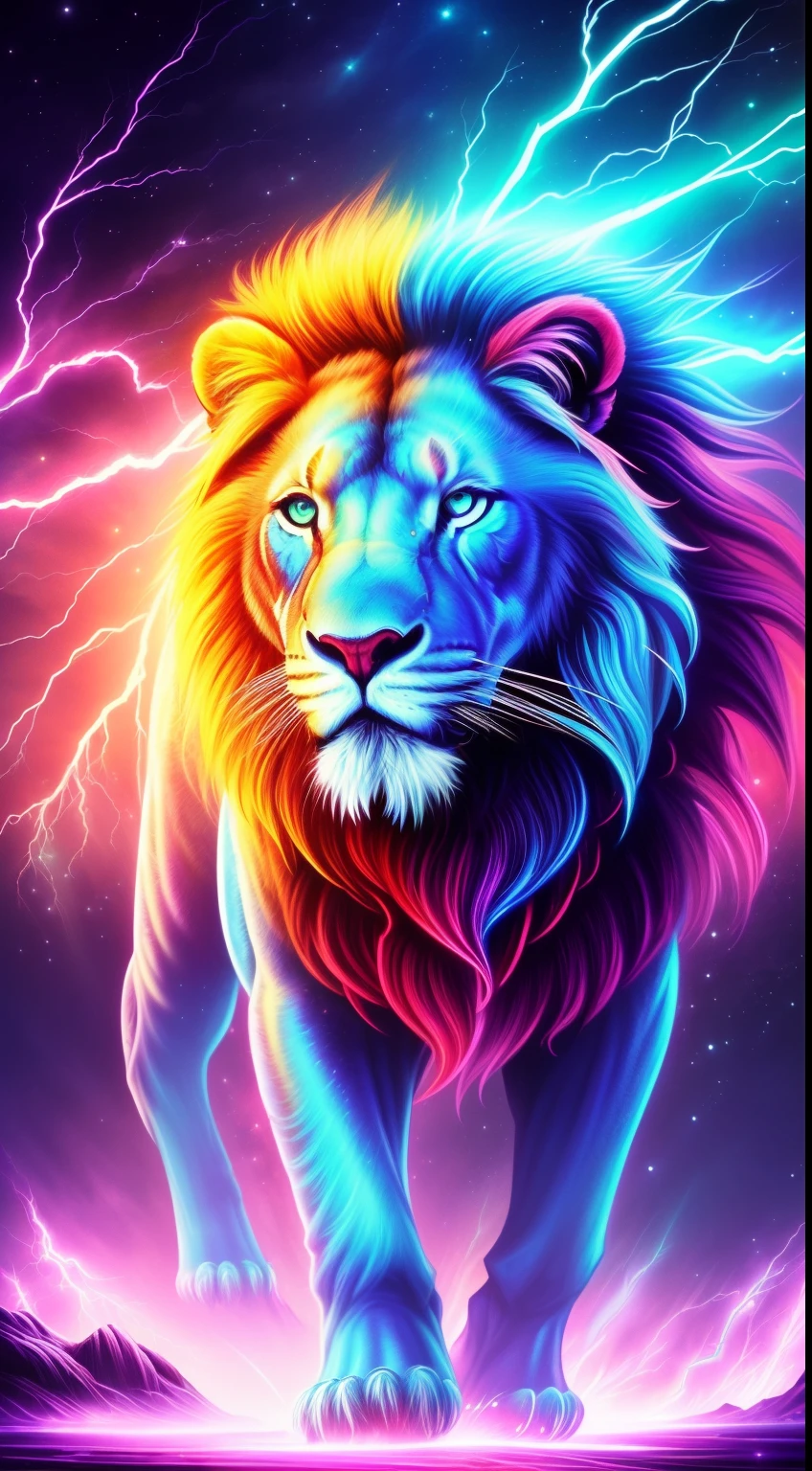 (best quality,highres,photo-realistic:1.37),(vibrant,electric,energetic) electric lion, fantasy art, (detailed, vivid, colorful) illustrations,painting, (mystical, magical) art style, (illuminated, bright) color palette, (dramatic, dynamic) lighting, (mythical creatures, enchanting scenery), (luminous, glowing, sparkling) effects, (intense, fierce) expression, (majestic, powerful) stance, (mysterious, captivating) atmosphere, (dreamlike, surreal) elements